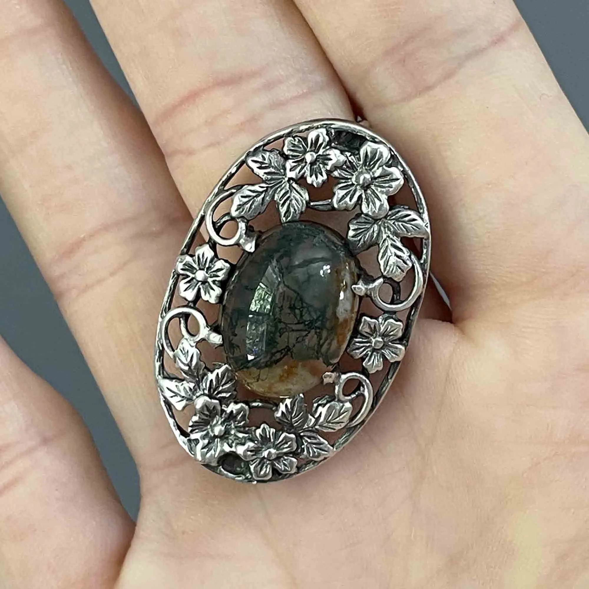 Arts and Crafts Silver Forget Me Not Scottish Moss Agate Brooch