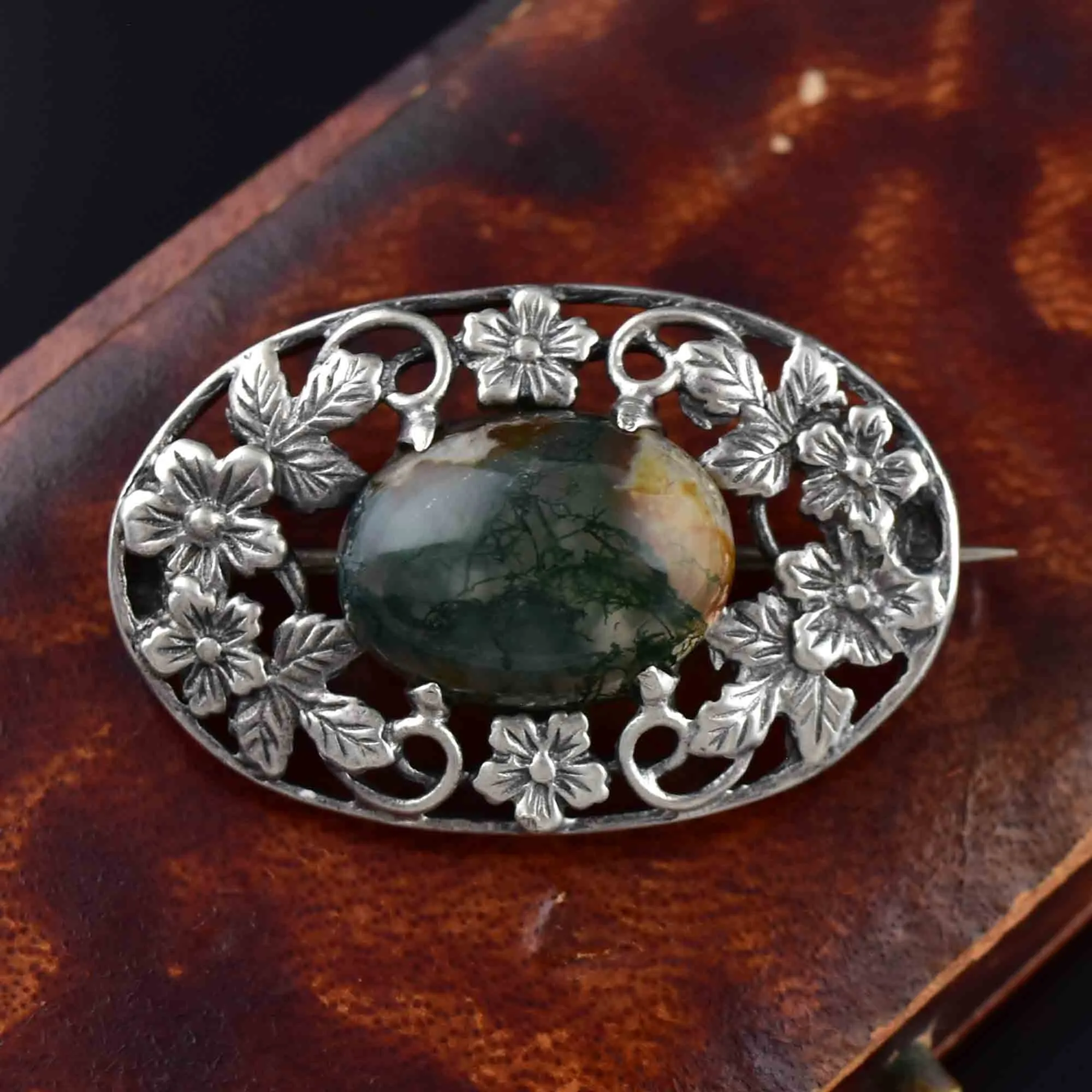 Arts and Crafts Silver Forget Me Not Scottish Moss Agate Brooch