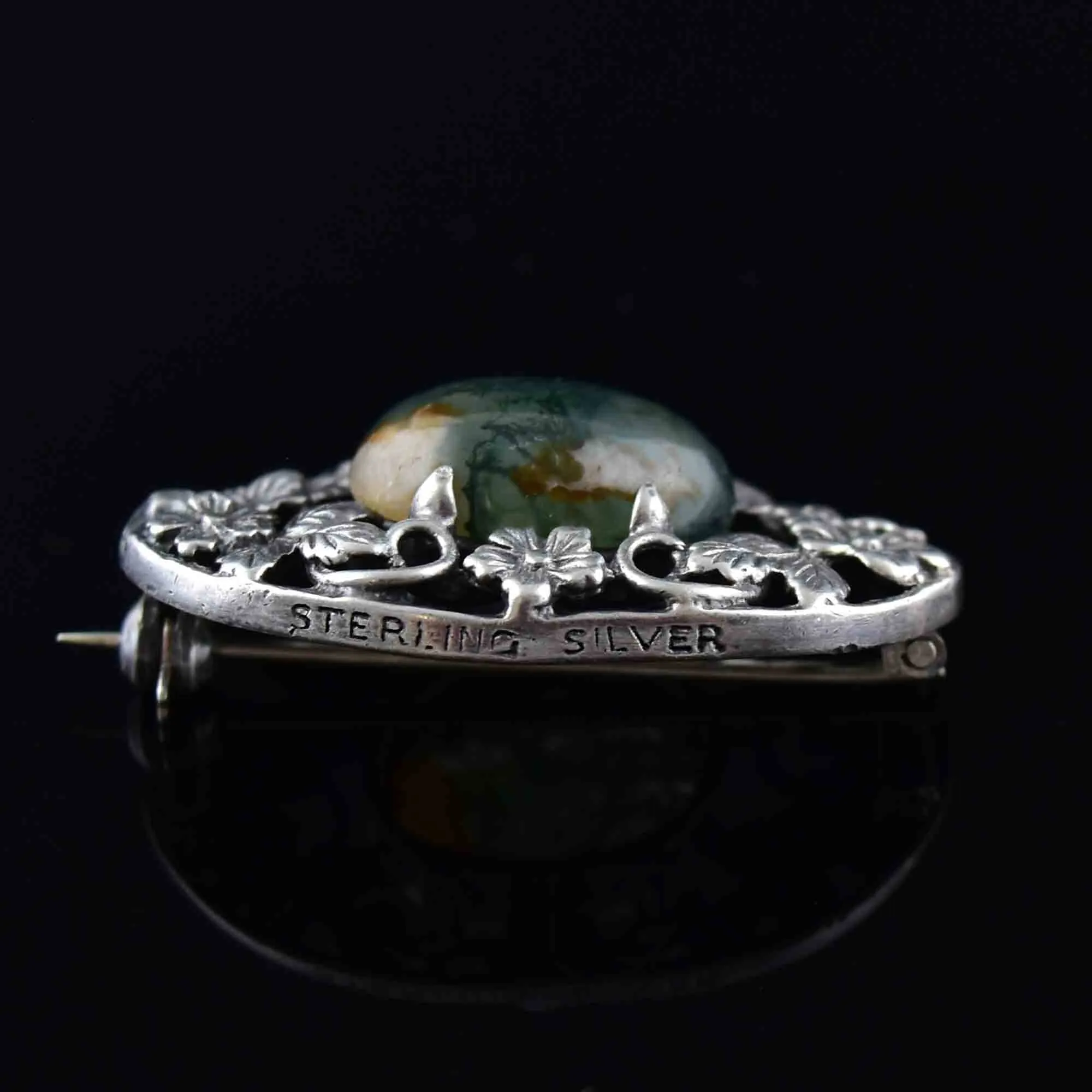 Arts and Crafts Silver Forget Me Not Scottish Moss Agate Brooch