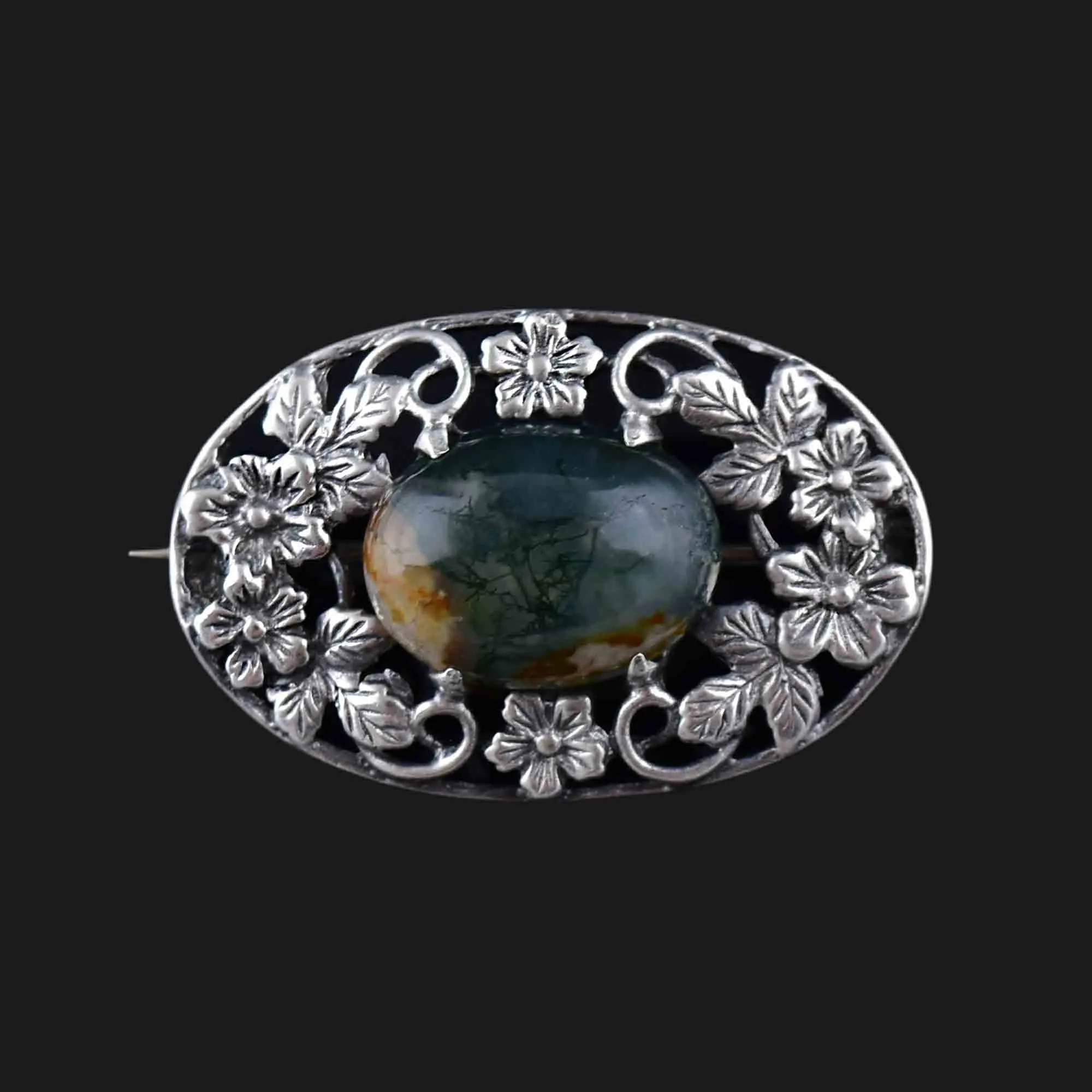 Arts and Crafts Silver Forget Me Not Scottish Moss Agate Brooch