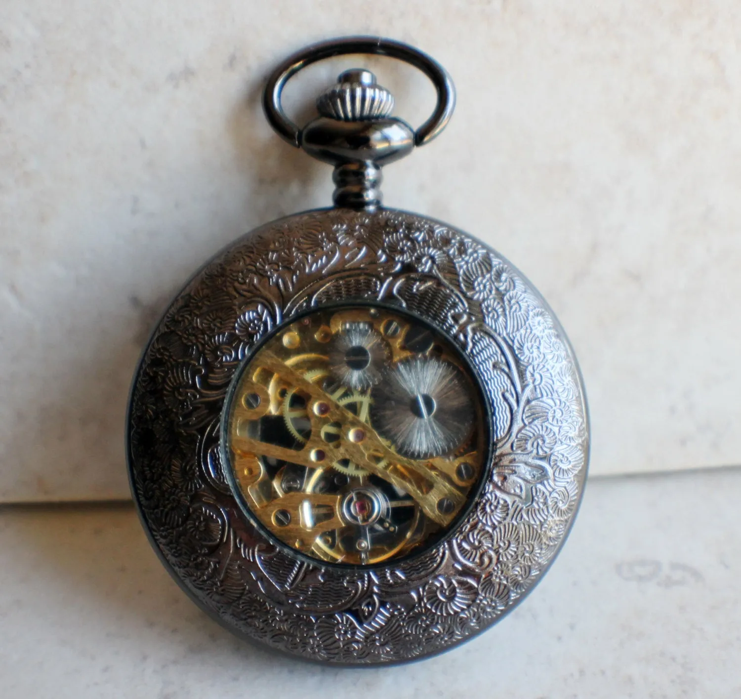 Black Skull and Crossbones Mechanical Pocket Watch