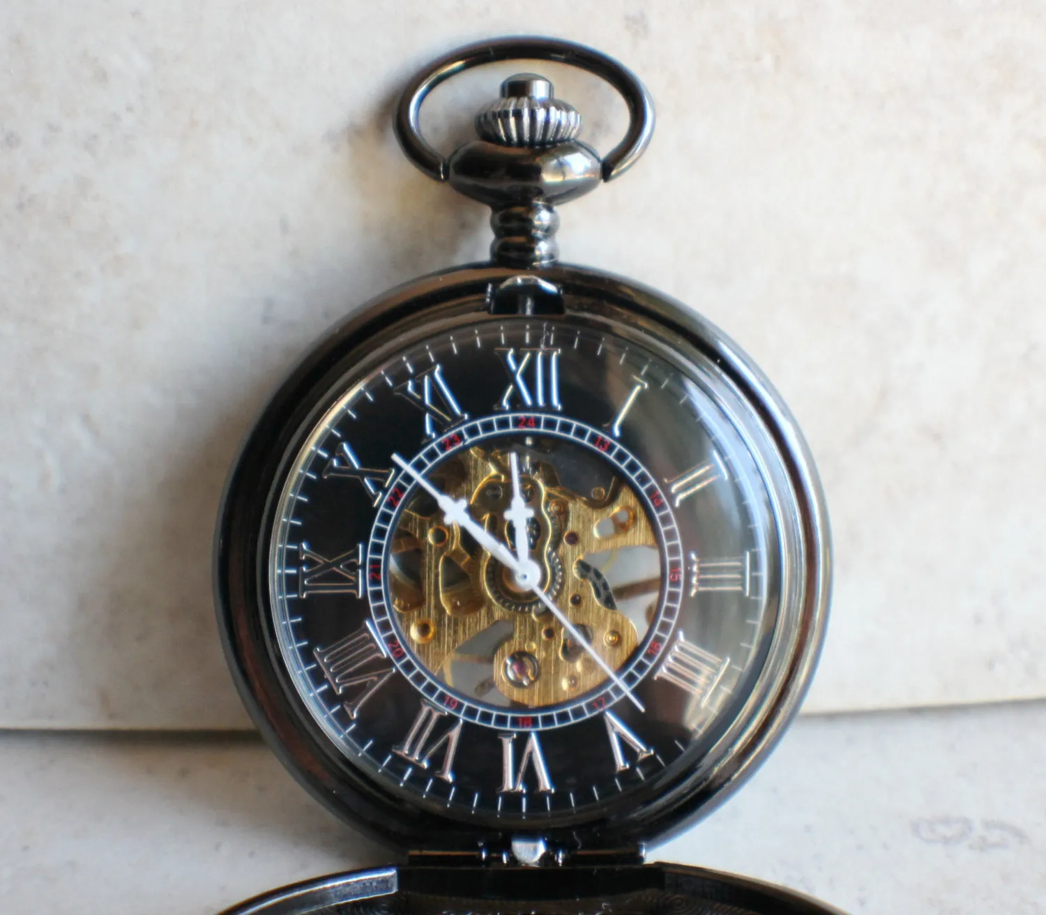 Black Skull and Crossbones Mechanical Pocket Watch