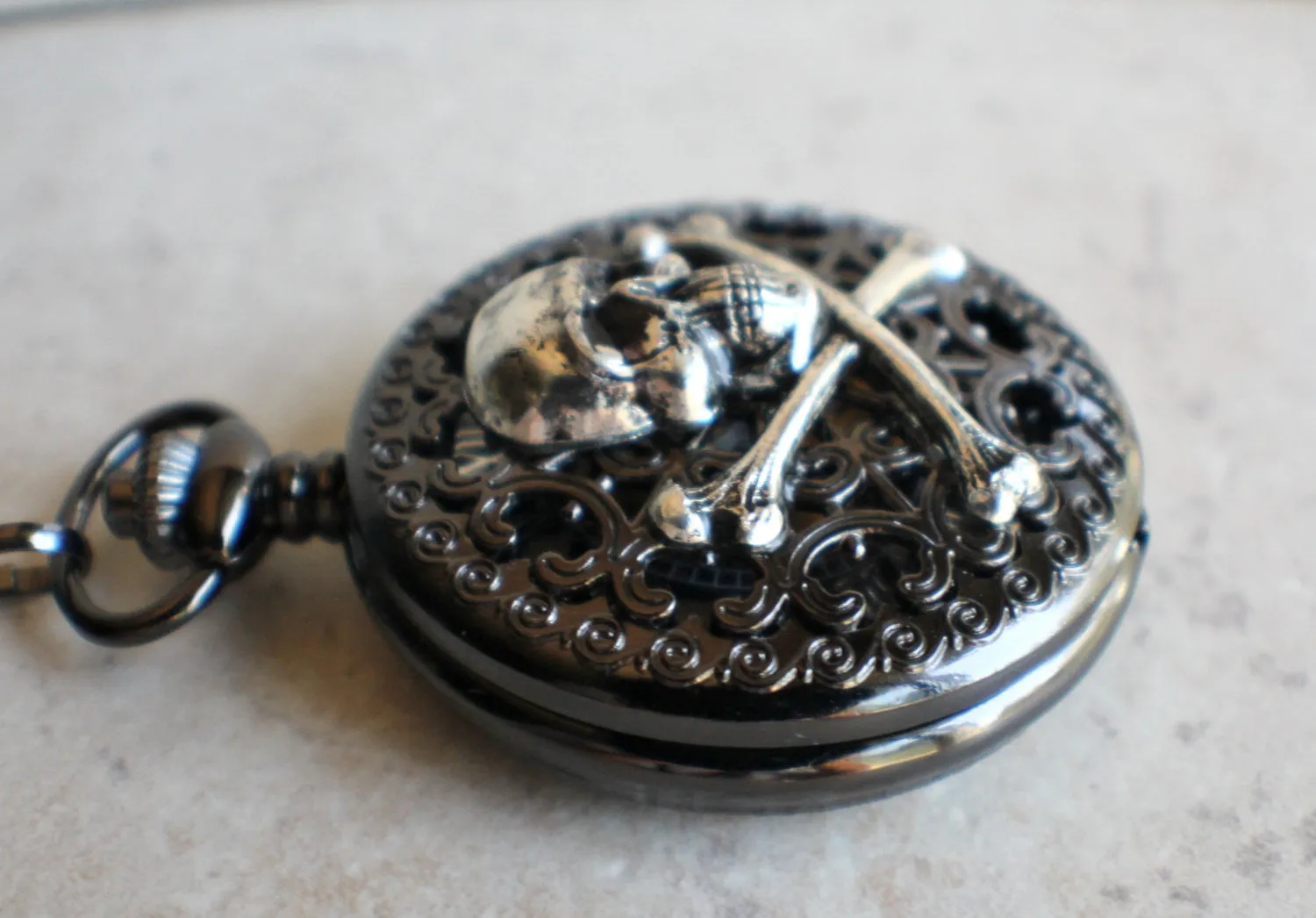 Black Skull and Crossbones Mechanical Pocket Watch