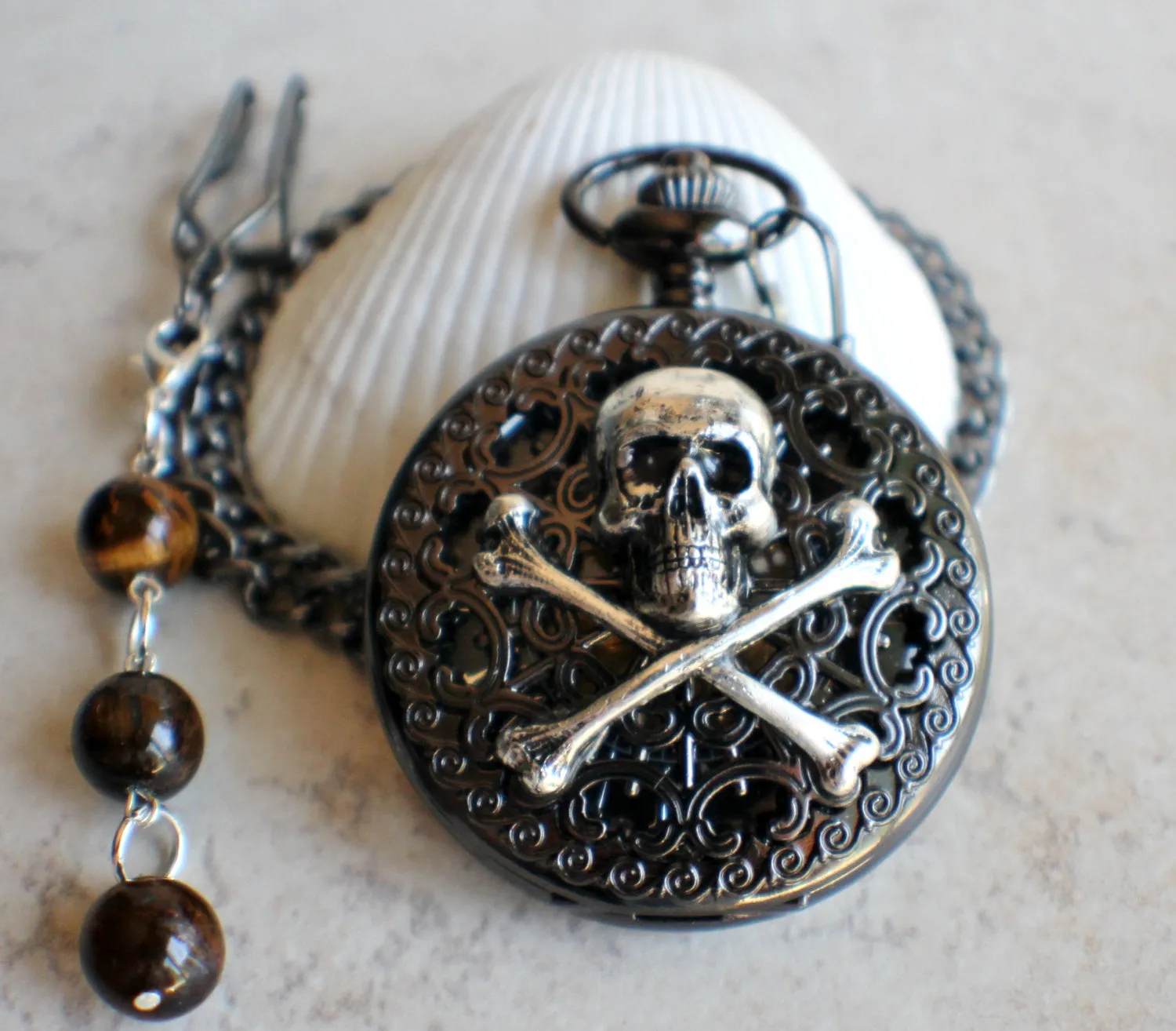 Black Skull and Crossbones Mechanical Pocket Watch