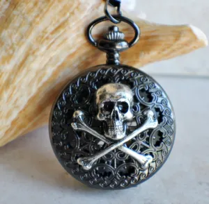 Black Skull and Crossbones Mechanical Pocket Watch