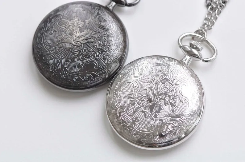 Black/Platinum Large Flat Round Pocket Watch Necklace Set of 1
