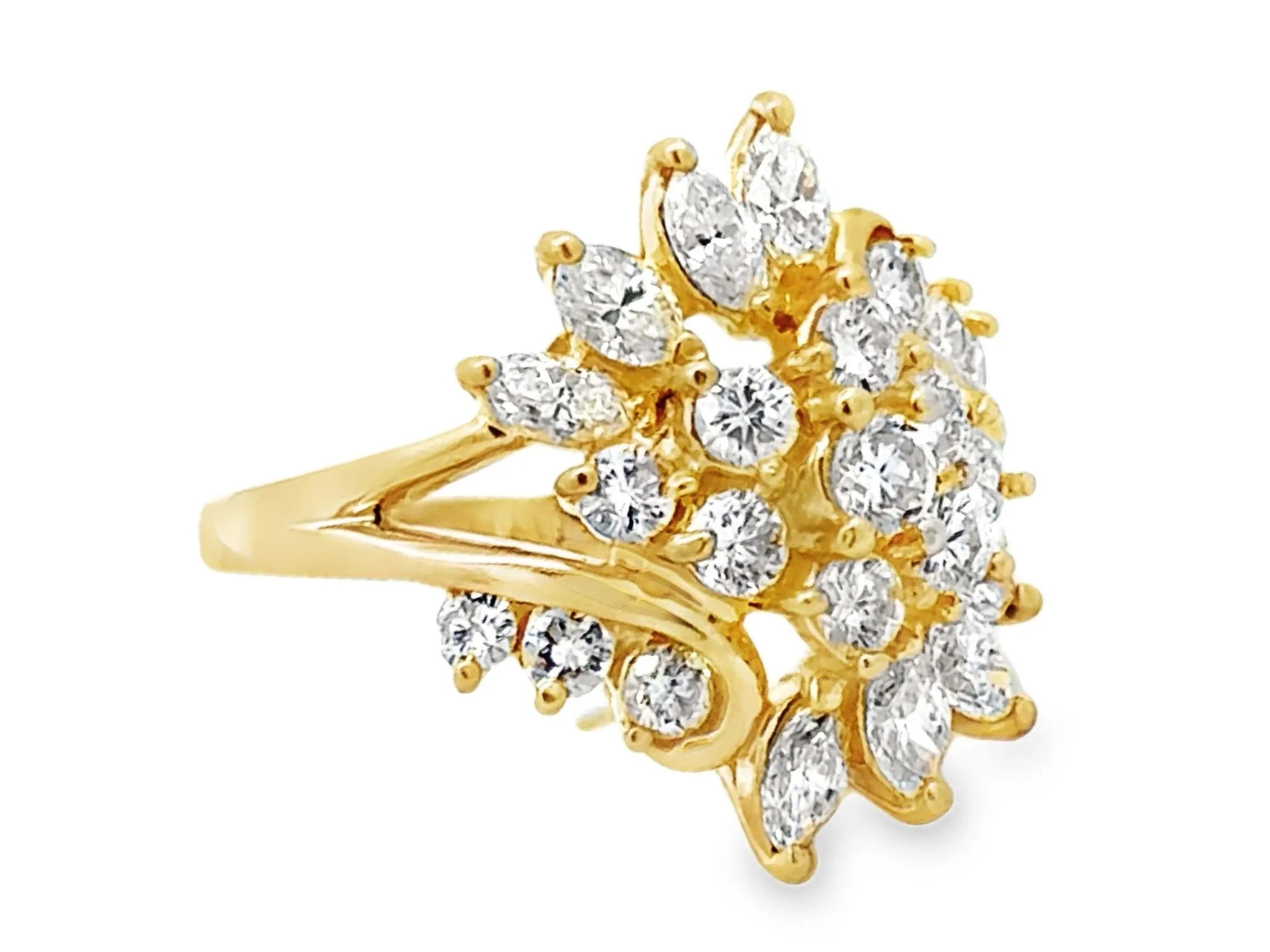Brilliant and Marquise Multi Diamond Large Cluster Ring 14k Yellow Gold