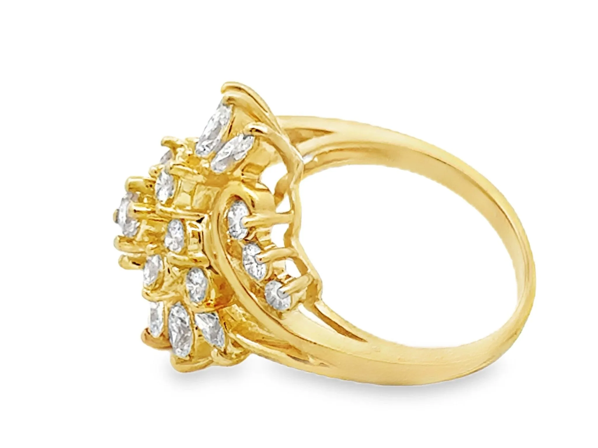 Brilliant and Marquise Multi Diamond Large Cluster Ring 14k Yellow Gold