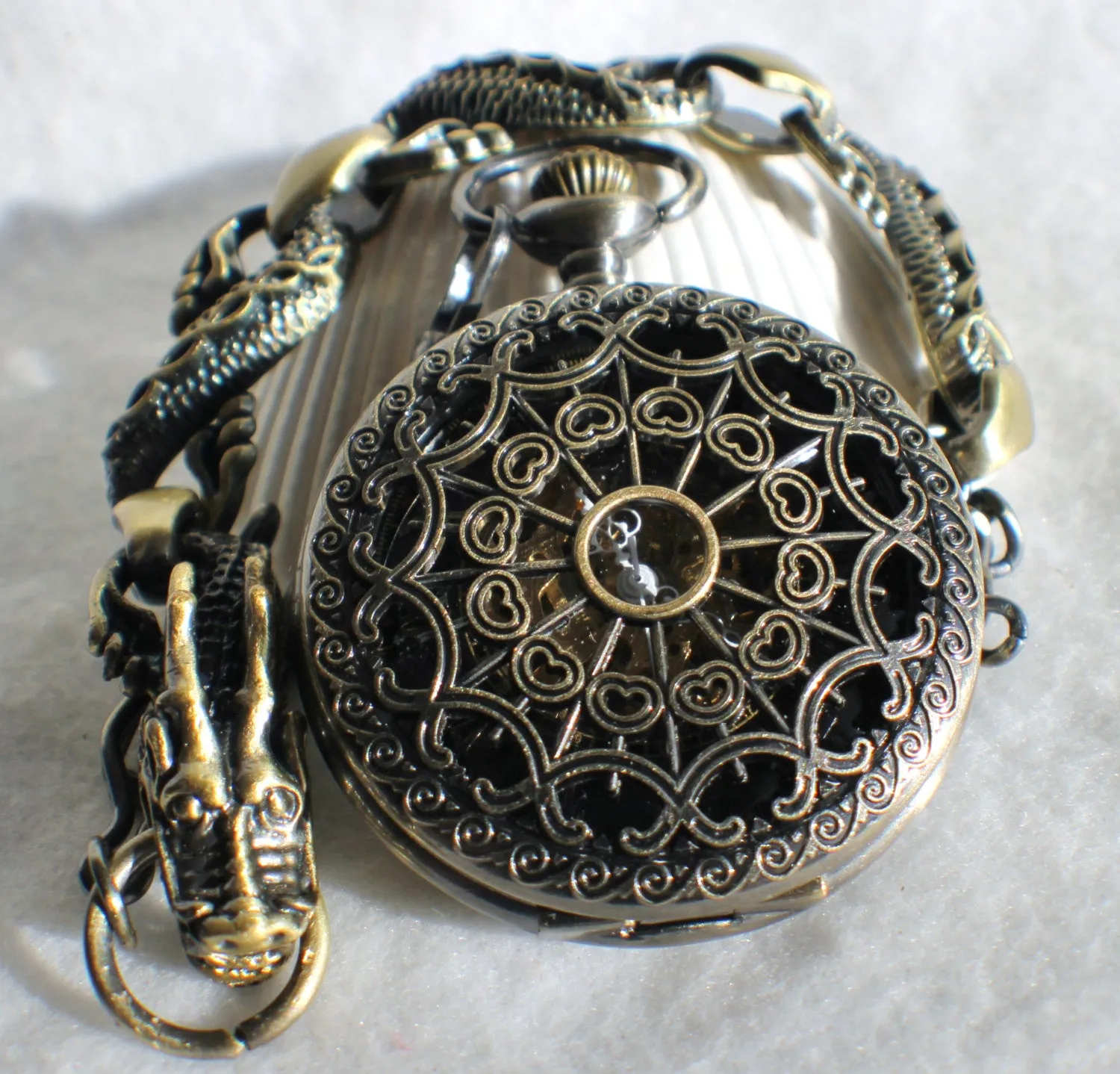 Bronze dragon pocket watch, men's mechanical  pocket watch with dragon watch fob.