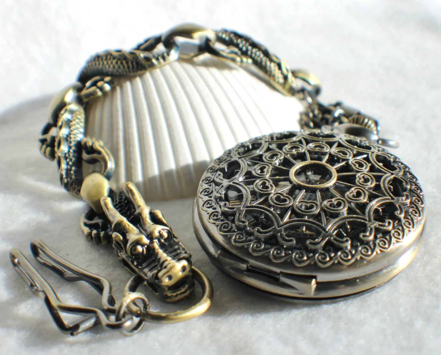 Bronze dragon pocket watch, men's mechanical  pocket watch with dragon watch fob.