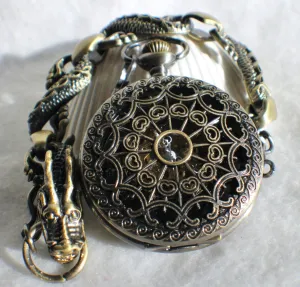 Bronze dragon pocket watch, men's mechanical  pocket watch with dragon watch fob.