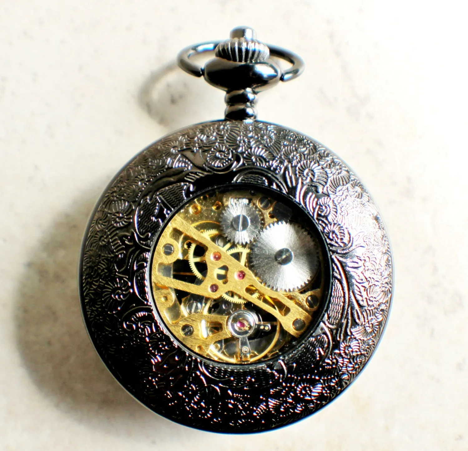 Bronze lion pocket watch, mechanical pocket watch in black.
