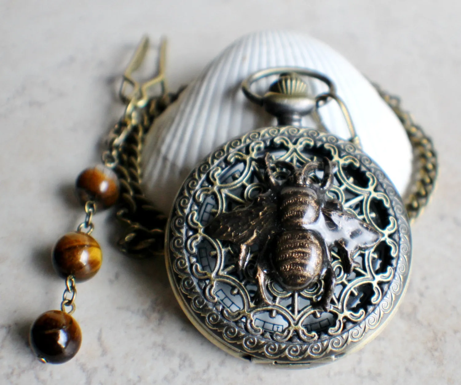 Bumble bee pocket watch,  men's bumble bee pocket watch with tiger eye beads on watch chain