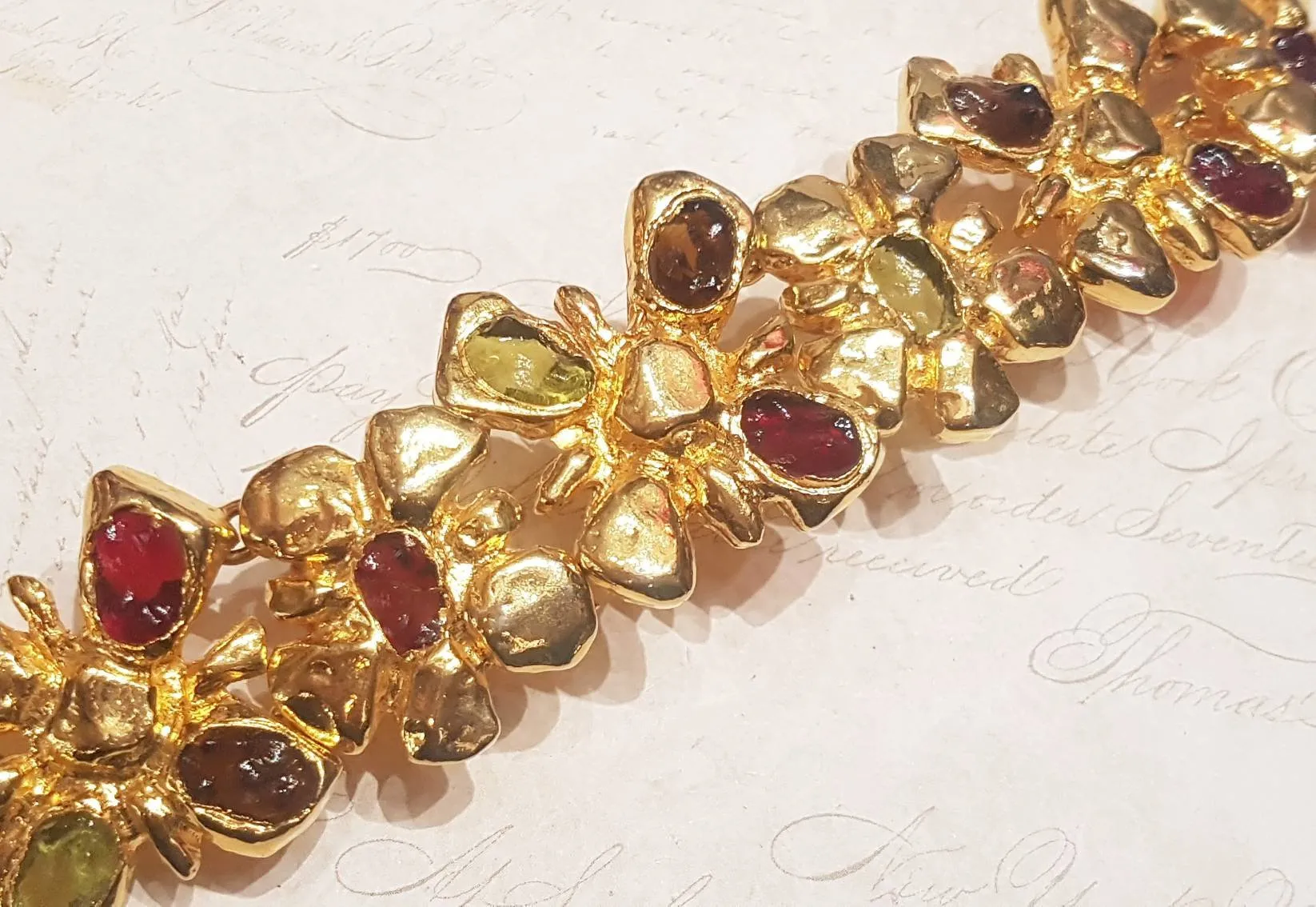 Christian Lacroix Bracelet Flower Gold Chain Link Red Green Glass