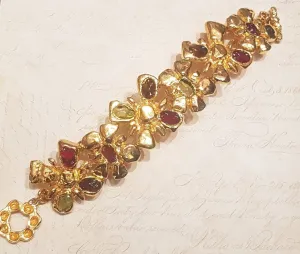 Christian Lacroix Bracelet Flower Gold Chain Link Red Green Glass