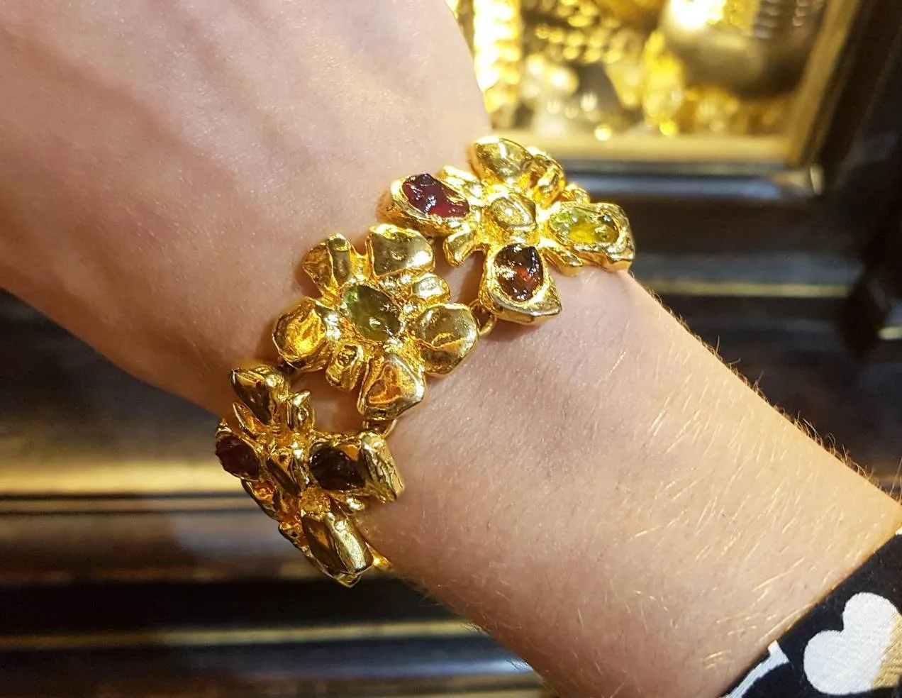 Christian Lacroix Bracelet Flower Gold Chain Link Red Green Glass