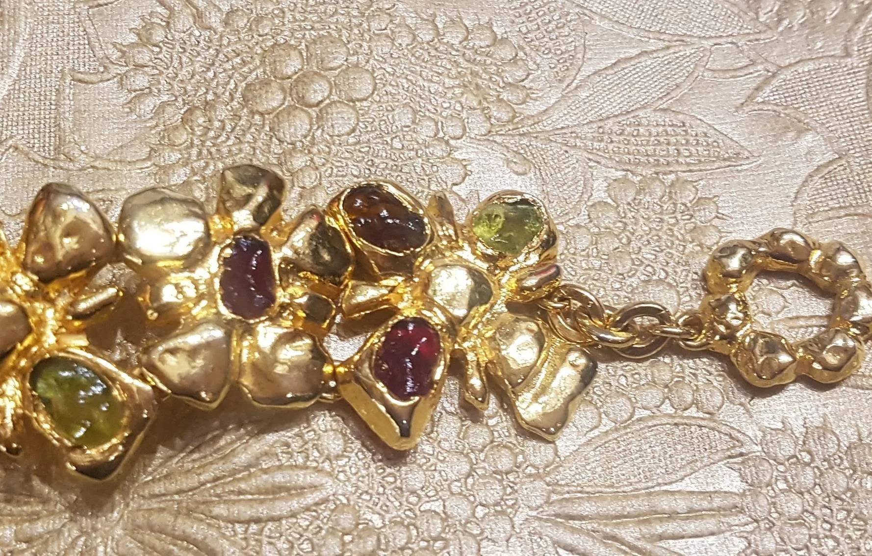 Christian Lacroix Bracelet Flower Gold Chain Link Red Green Glass