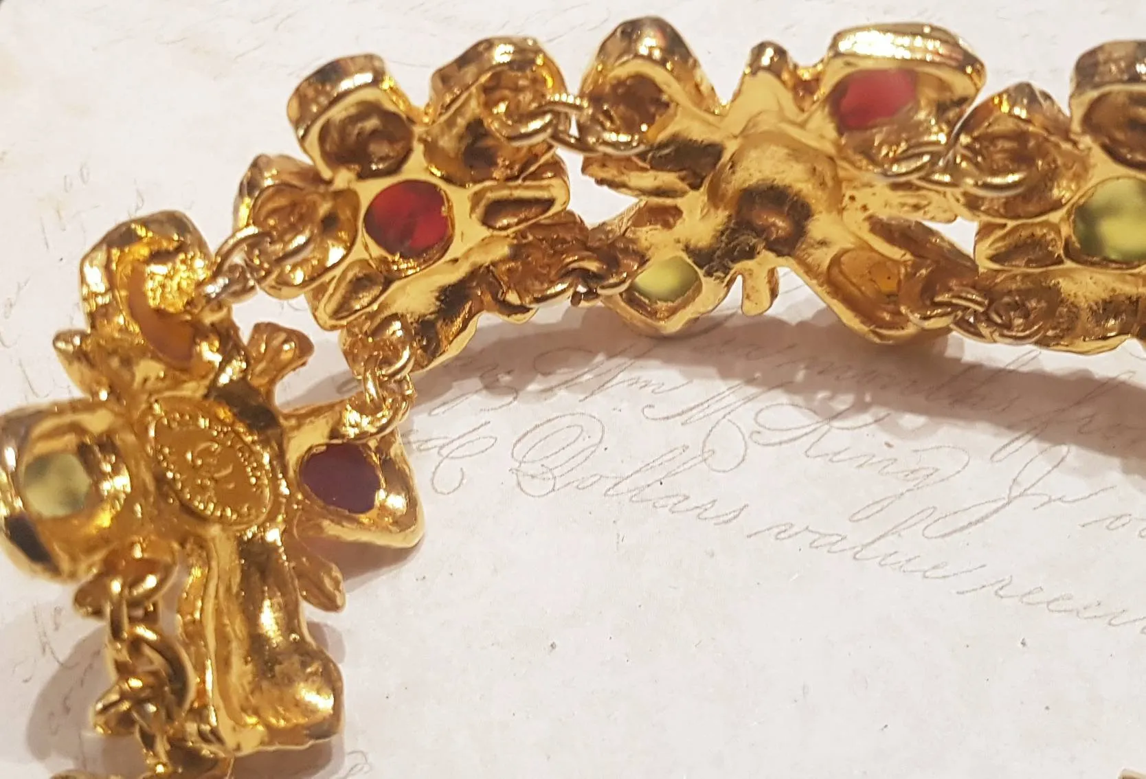 Christian Lacroix Bracelet Flower Gold Chain Link Red Green Glass