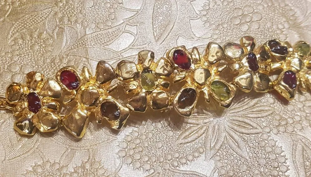Christian Lacroix Bracelet Flower Gold Chain Link Red Green Glass