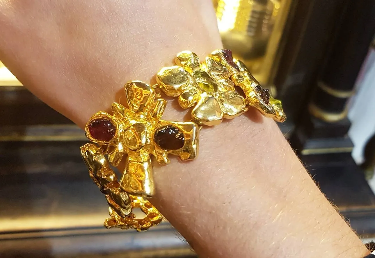 Christian Lacroix Bracelet Flower Gold Chain Link Red Green Glass