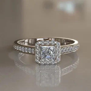 Classic 0.58ct Princess Cut Diamond Halo Gold Engagement Ring - 02US35
