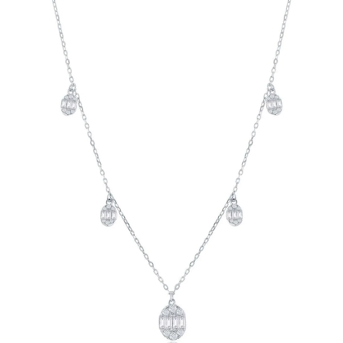Classic Women's Necklace - Sterling Silver Baguette CZ Oval Charms | M-6925
