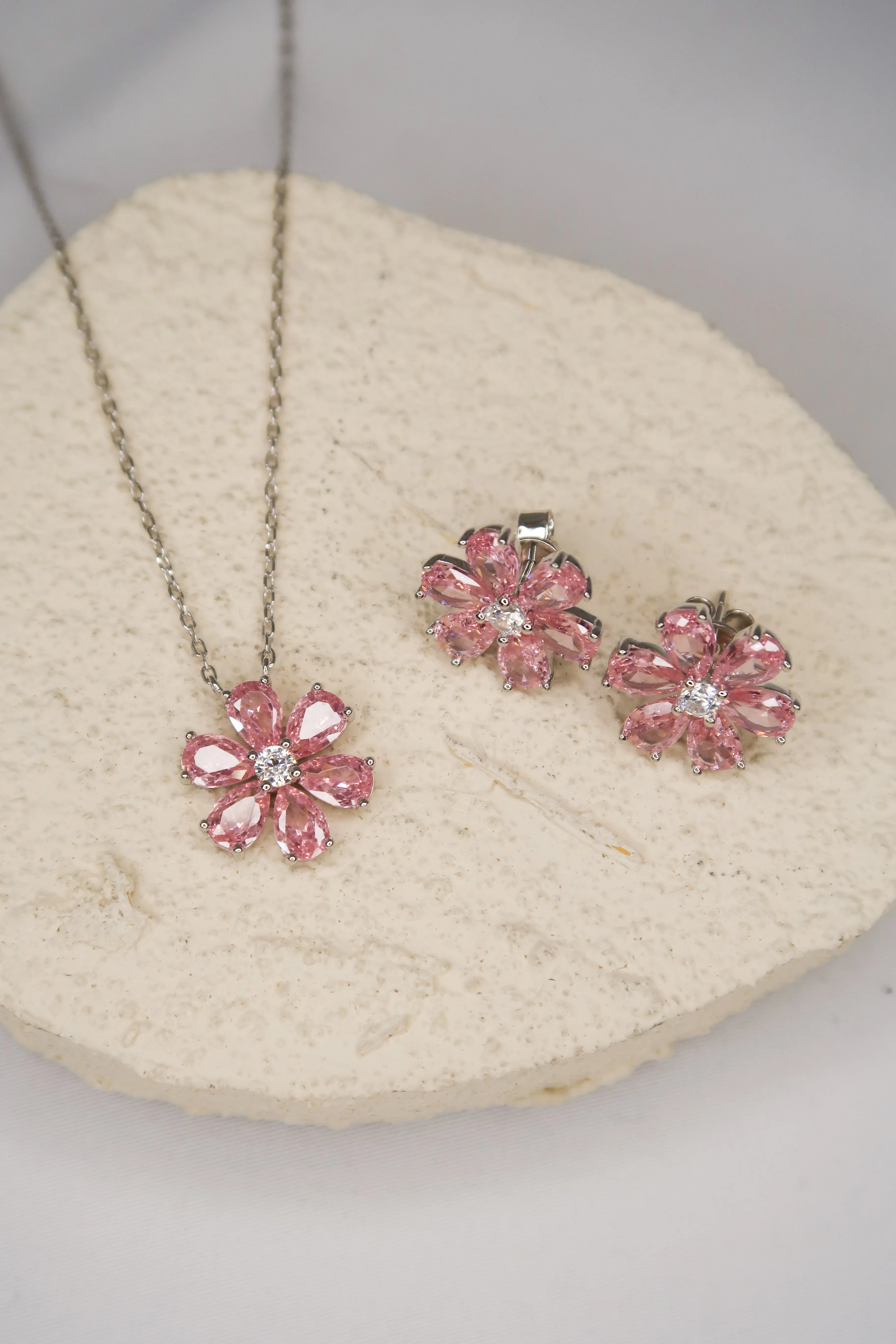 Daisy Pink Crystal .925 Sterling Silver Necklace or Studs or RIng