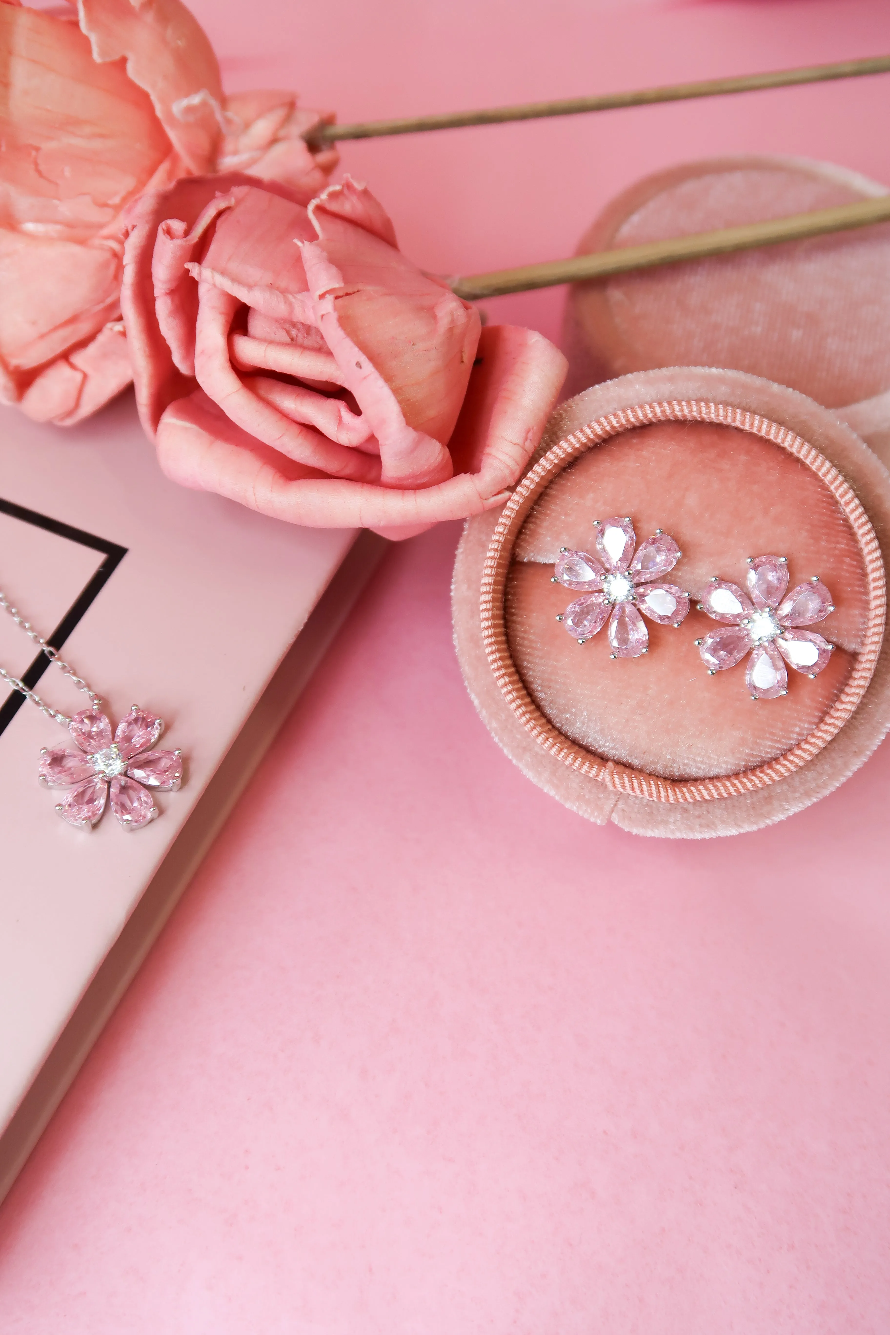 Daisy Pink Crystal .925 Sterling Silver Necklace or Studs or RIng