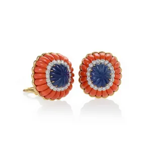 David Webb Coral and Sapphire Button Earrings
