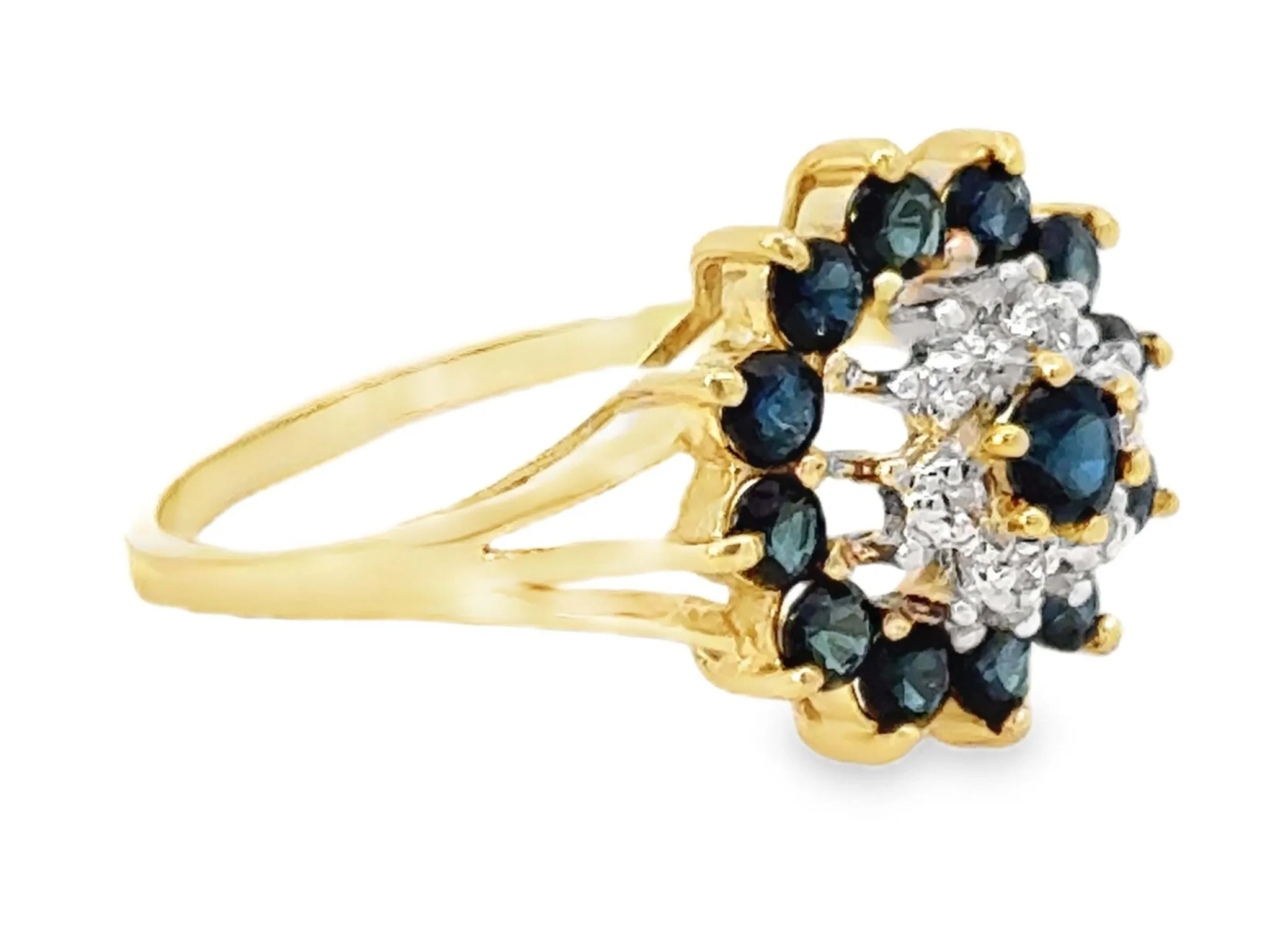 Diamond Halo and Round Sapphire Halo Ring 14k Yellow Gold