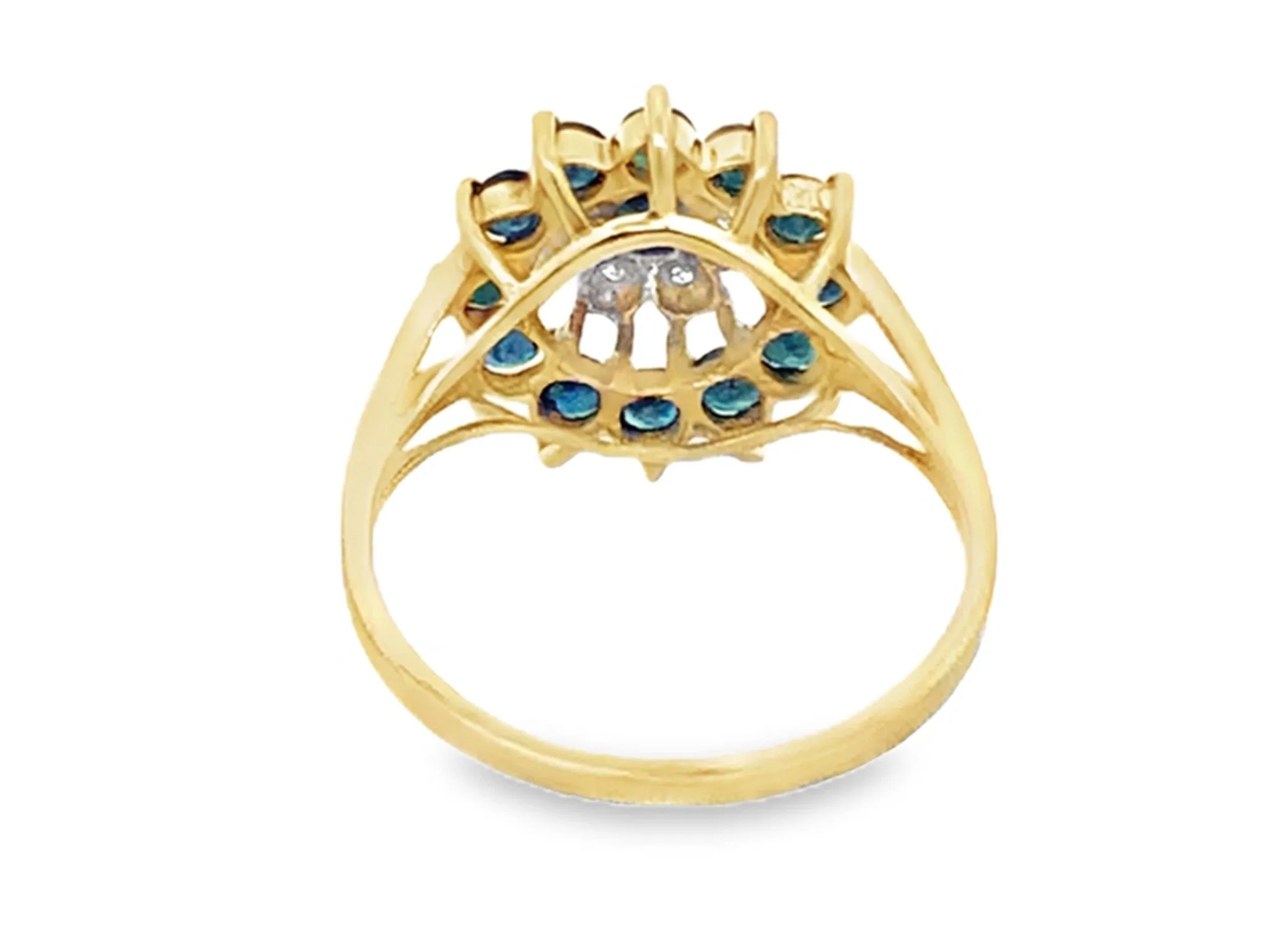 Diamond Halo and Round Sapphire Halo Ring 14k Yellow Gold