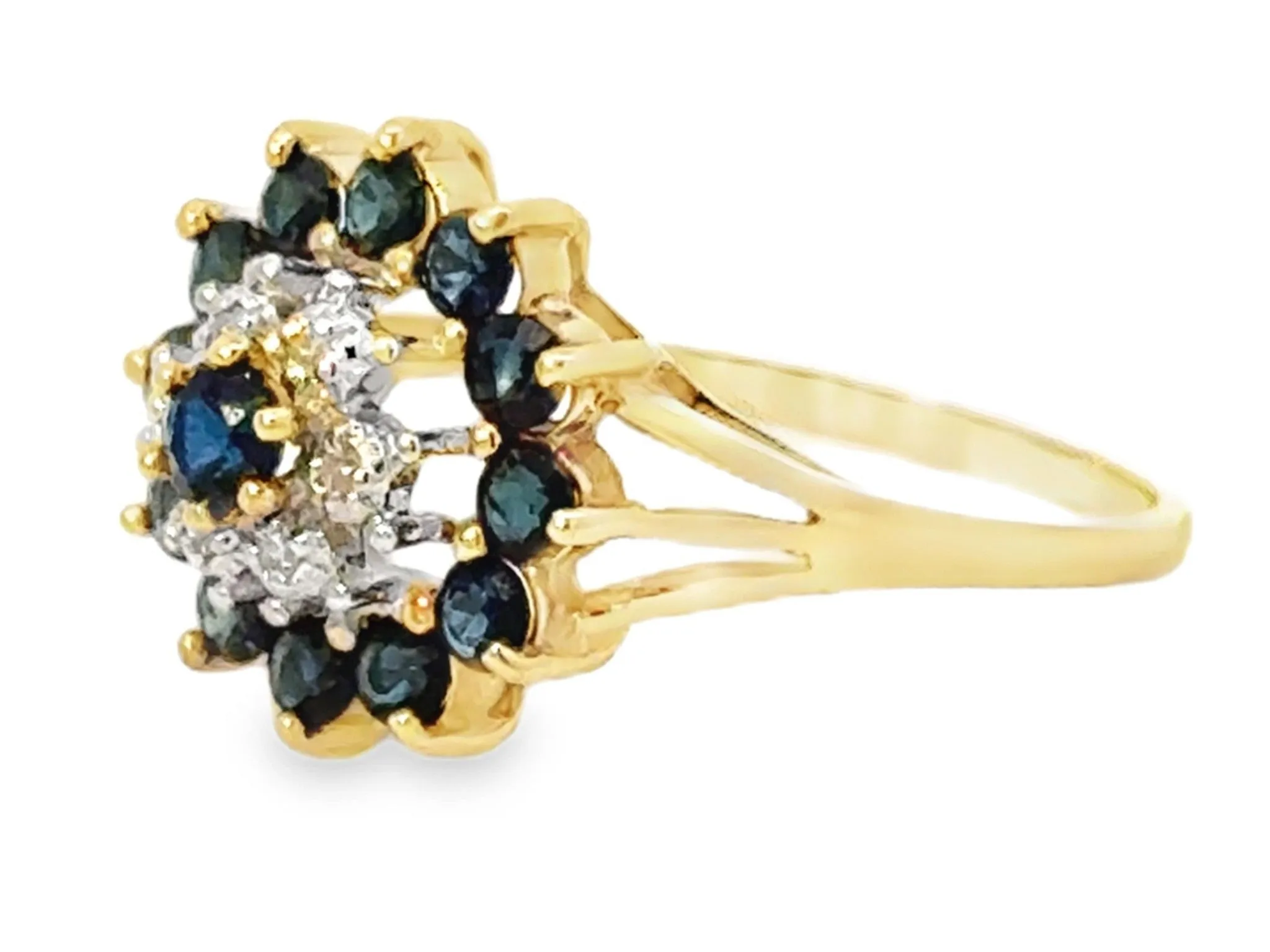 Diamond Halo and Round Sapphire Halo Ring 14k Yellow Gold