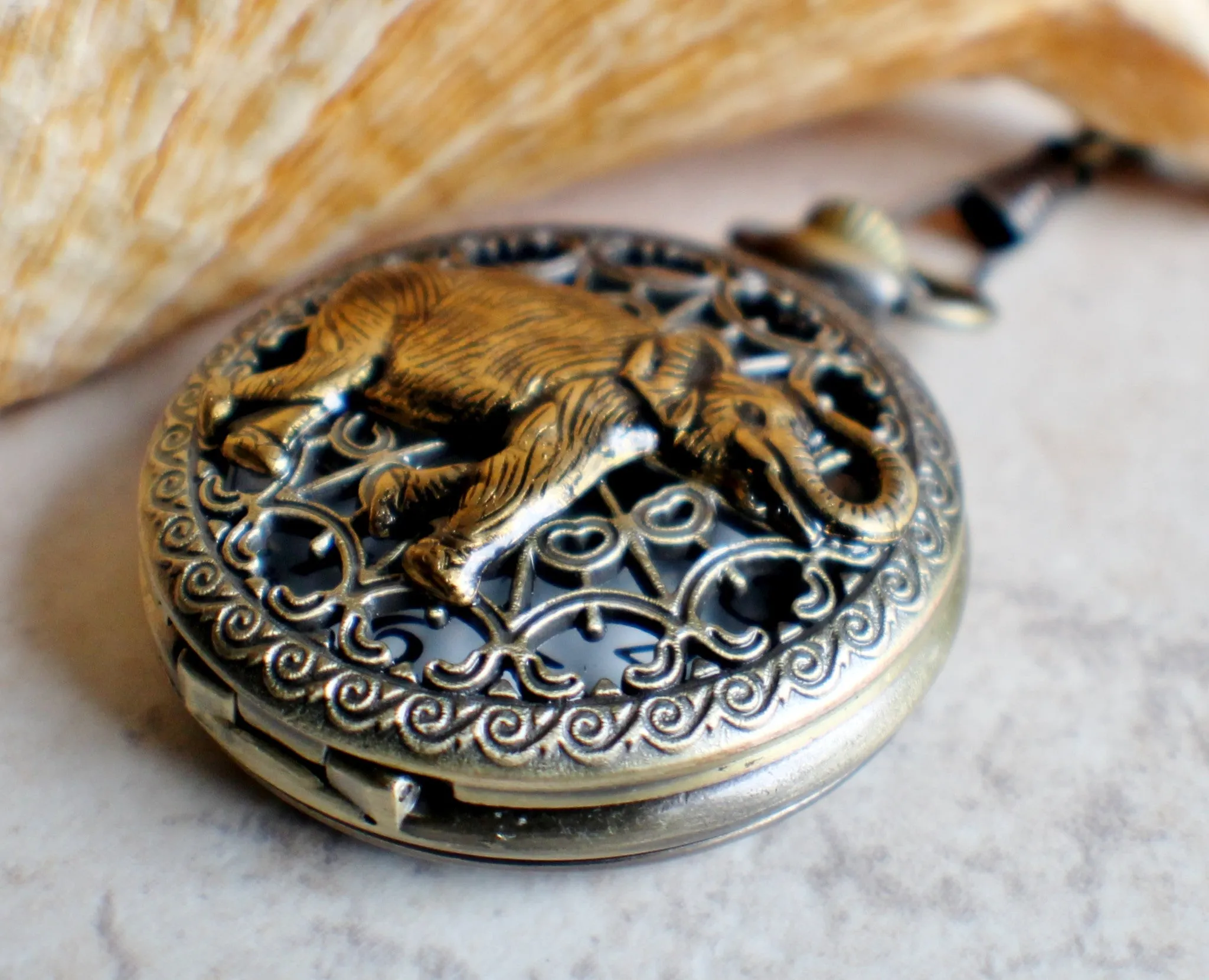 Elephant pocket watch,  Men's elephant pocket watch with tiger eye beads adorning chain