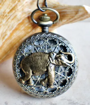 Elephant pocket watch,  Men's elephant pocket watch with tiger eye beads adorning chain