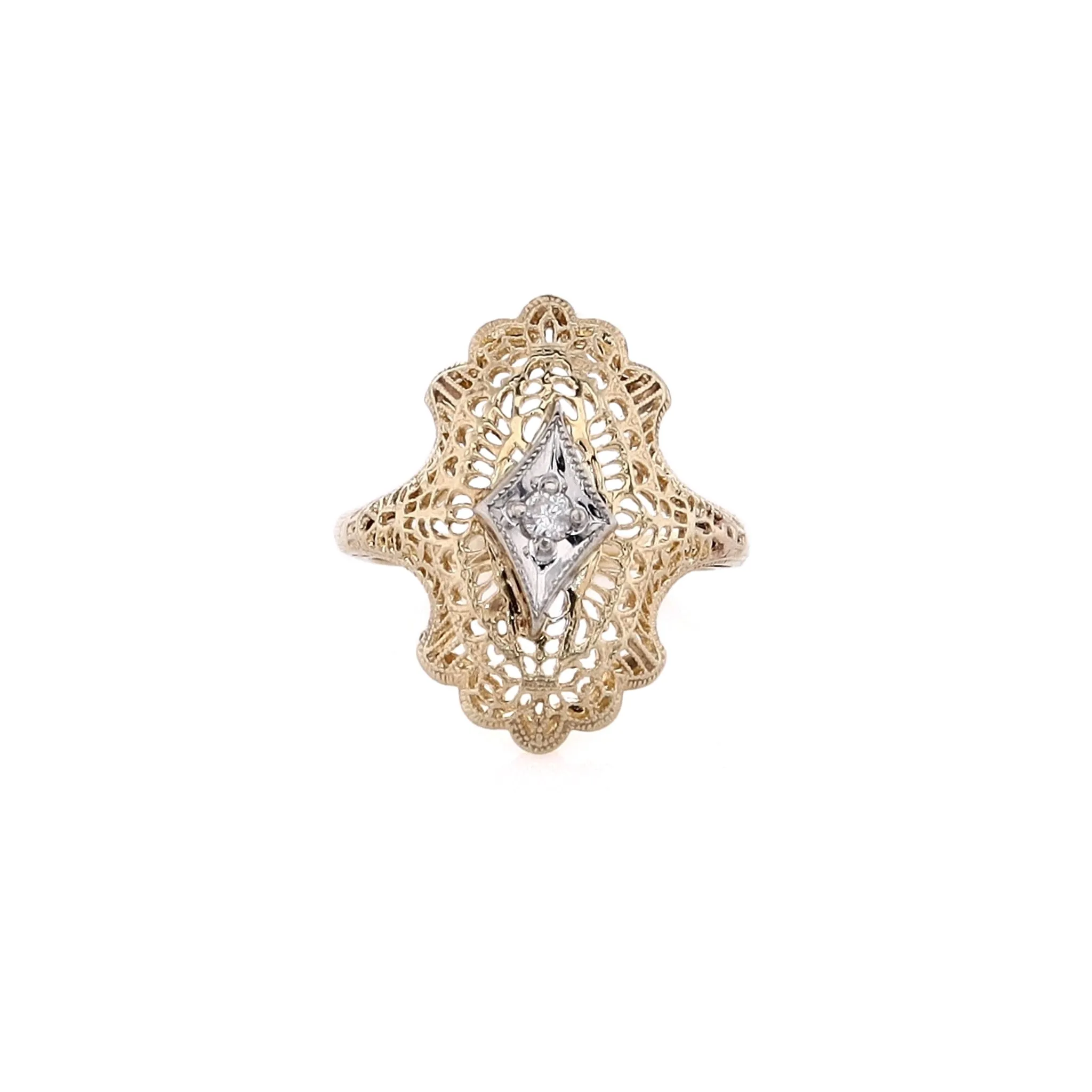 Estate 14 Karat White and Yellow Gold Filagree Scalloped Design Diamond Ring