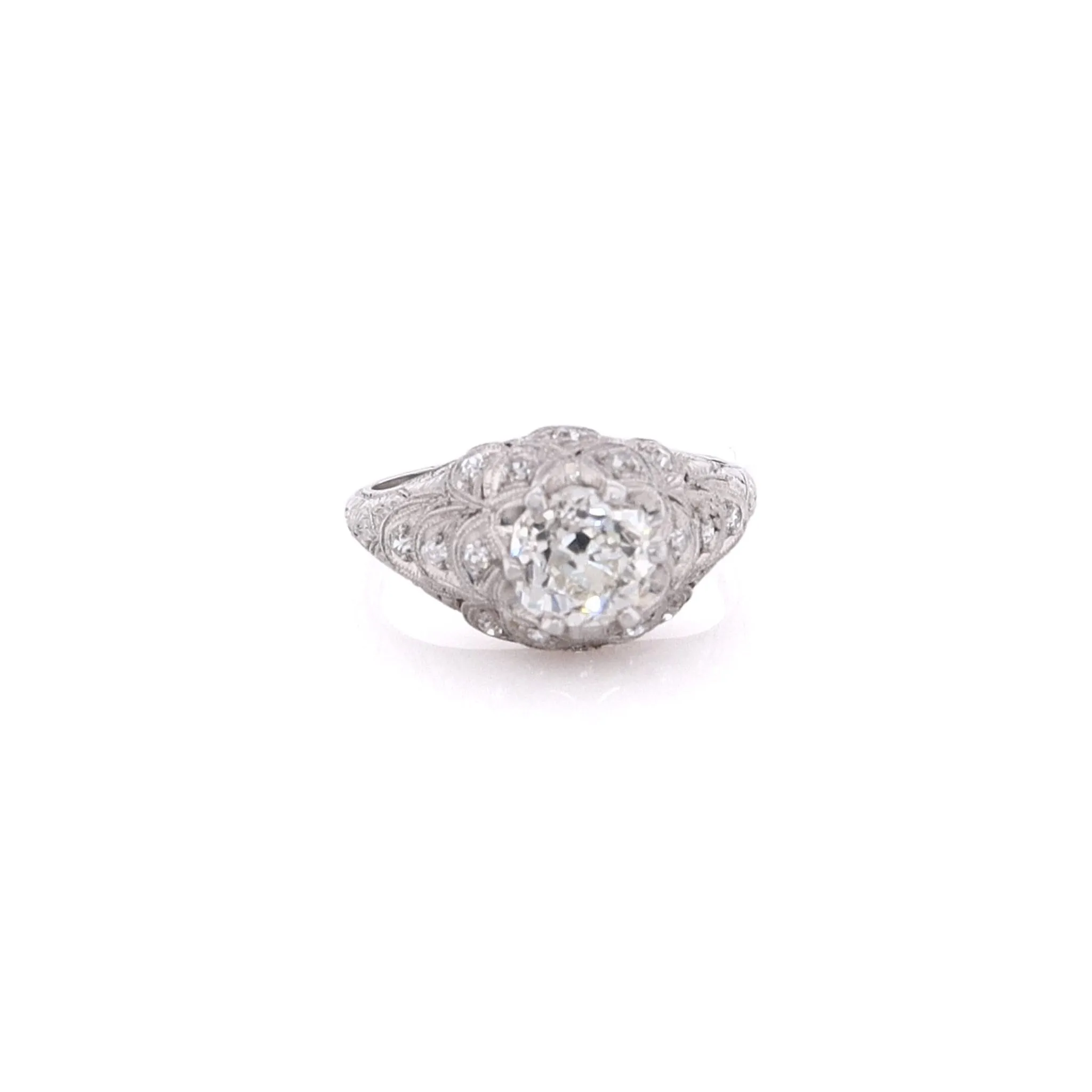 Estate Platinum Fish Scale Design Engraved and Milgrain Diamond Ring