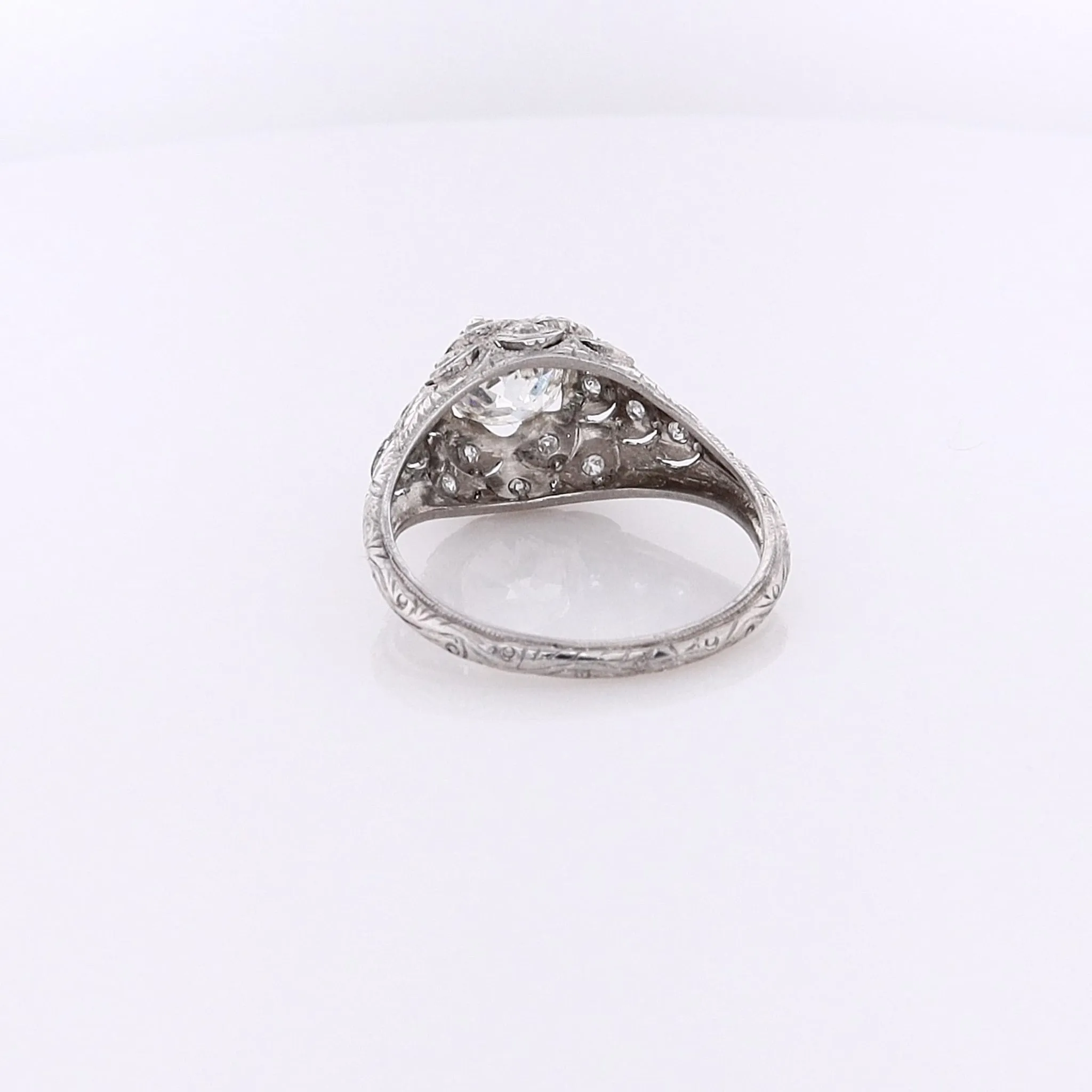 Estate Platinum Fish Scale Design Engraved and Milgrain Diamond Ring