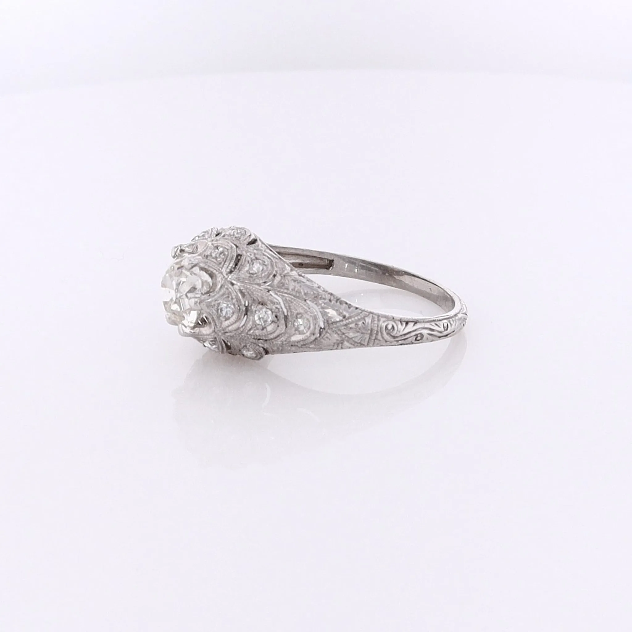Estate Platinum Fish Scale Design Engraved and Milgrain Diamond Ring
