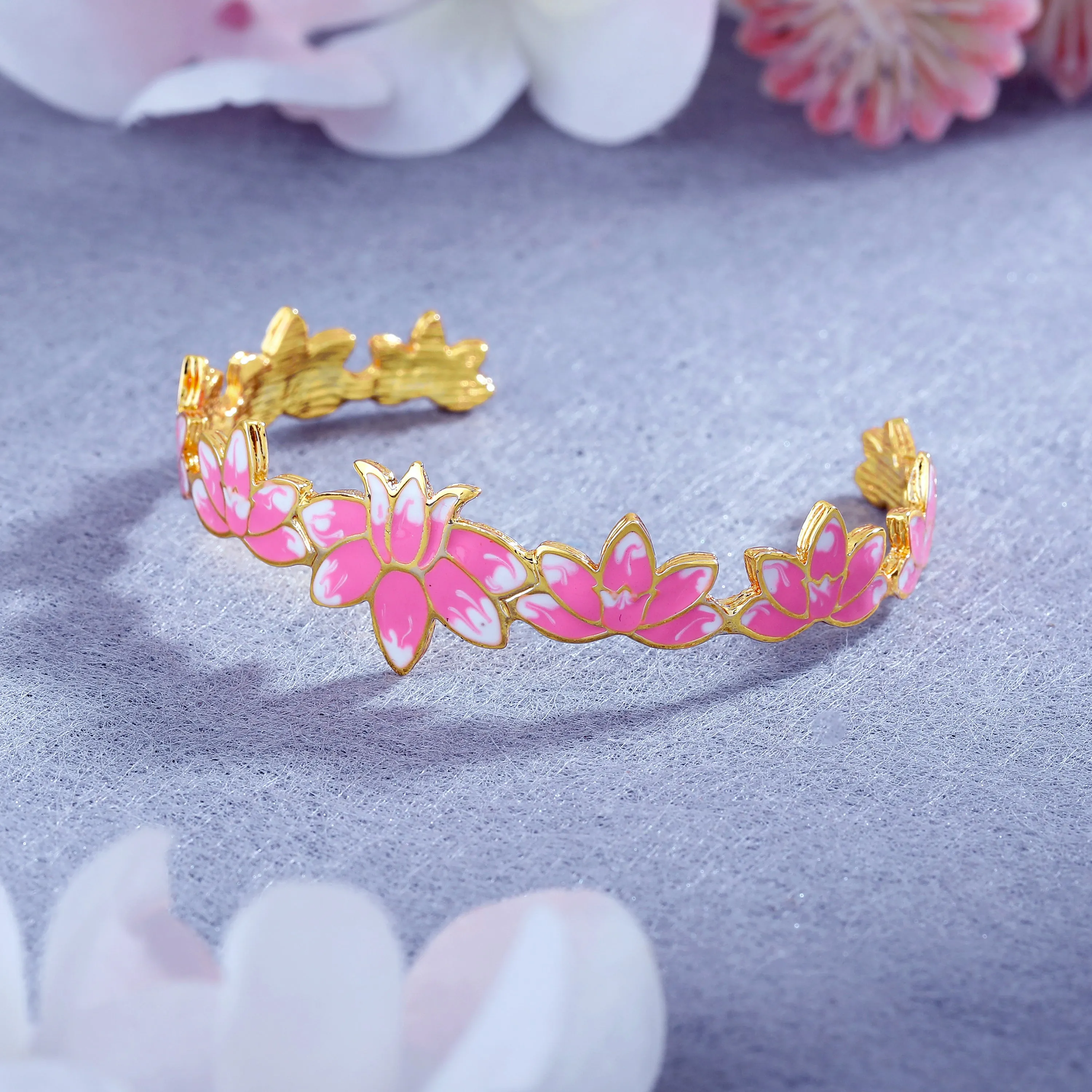 Estele Gold Plated Appealing Lotus Designer Cuff Bracelet with Pink Enamel for Girl's & Women
