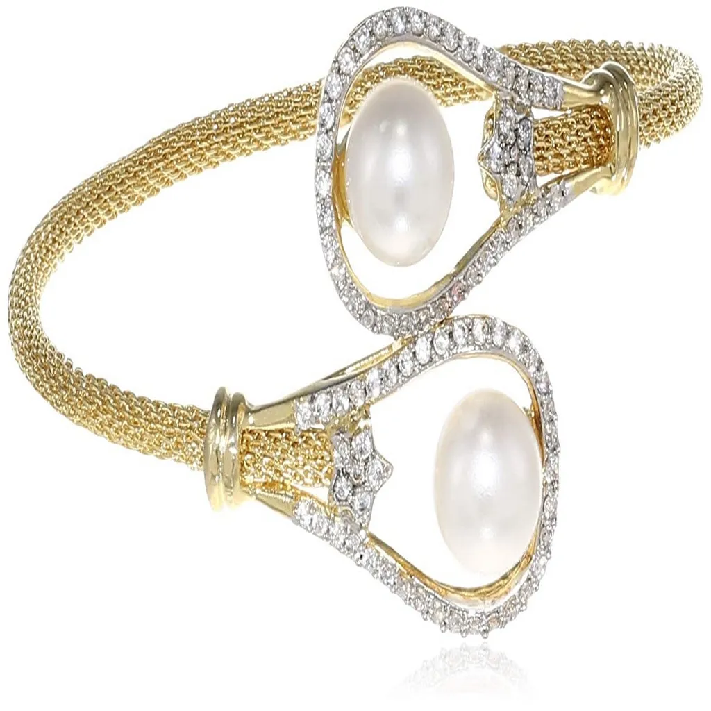 Estele Gold Plated Pearl Drop line Flower Cuff Bracelet for women