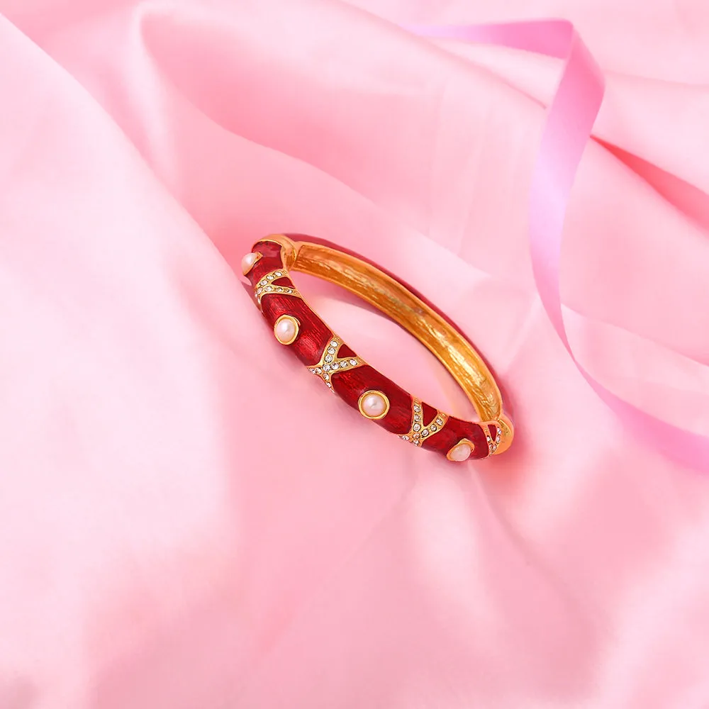 Estele Gold Plated Red Enamel Pearl Studded Cuff Bracelet for women