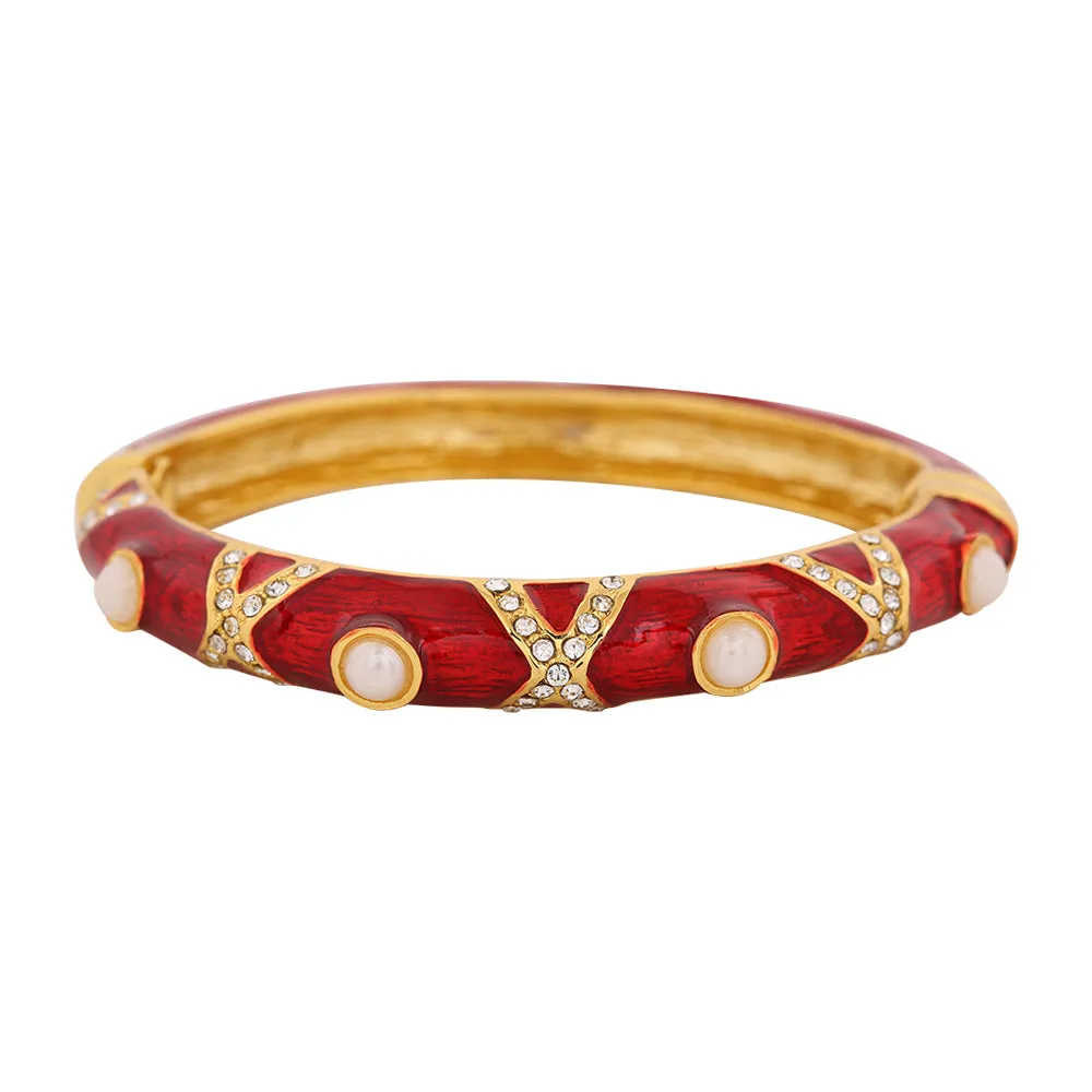 Estele Gold Plated Red Enamel Pearl Studded Cuff Bracelet for women