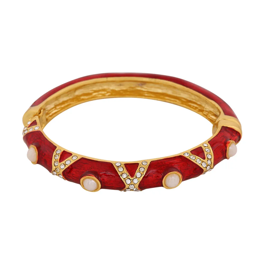 Estele Gold Plated Red Enamel Pearl Studded Cuff Bracelet for women