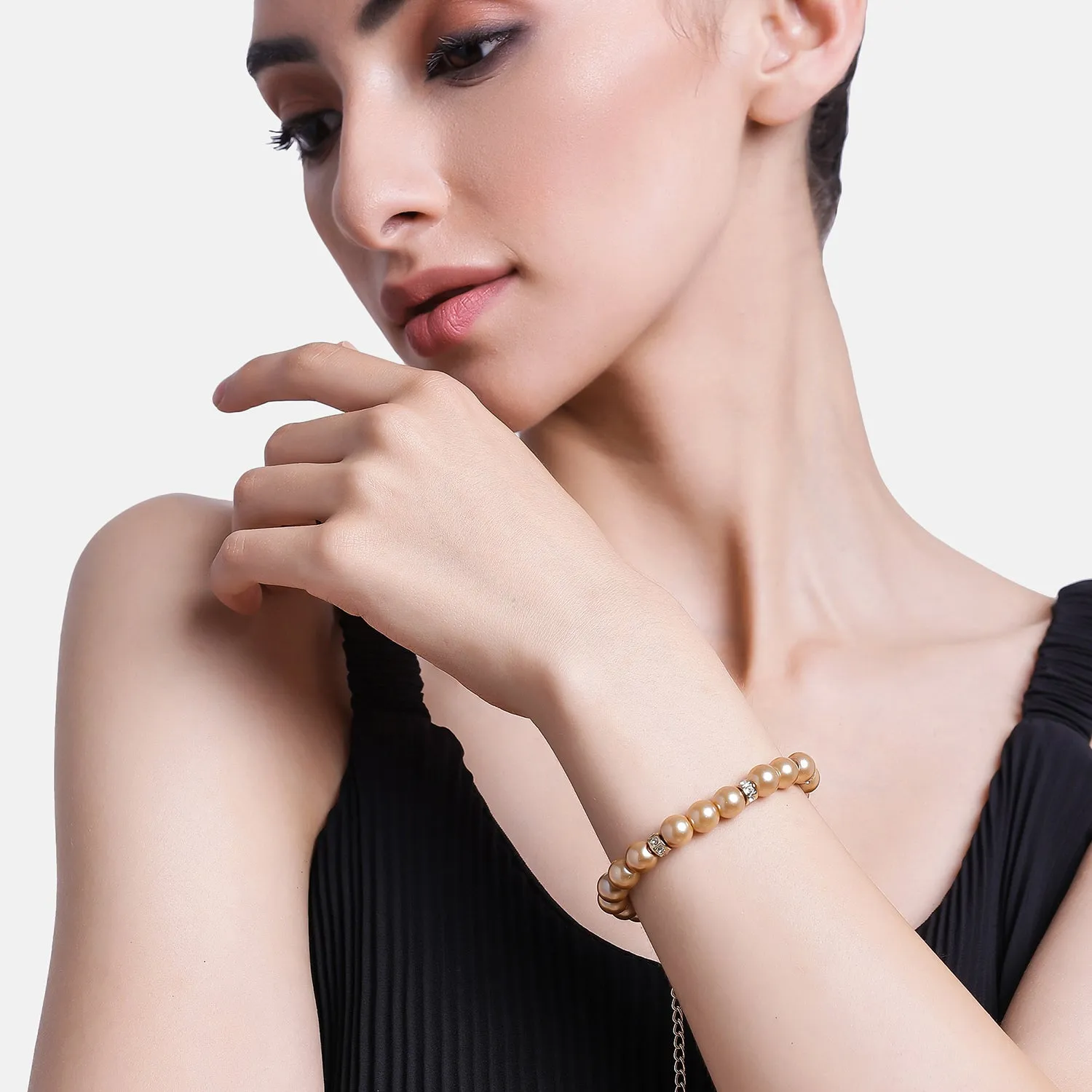 Estele Gold Plated Trendy & Refined Single Line Purple Pearl Bracelet with White Crystals for Girls and Women