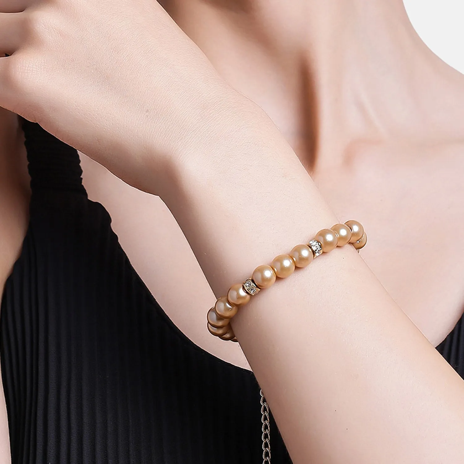 Estele Gold Plated Trendy & Refined Single Line Purple Pearl Bracelet with White Crystals for Girls and Women
