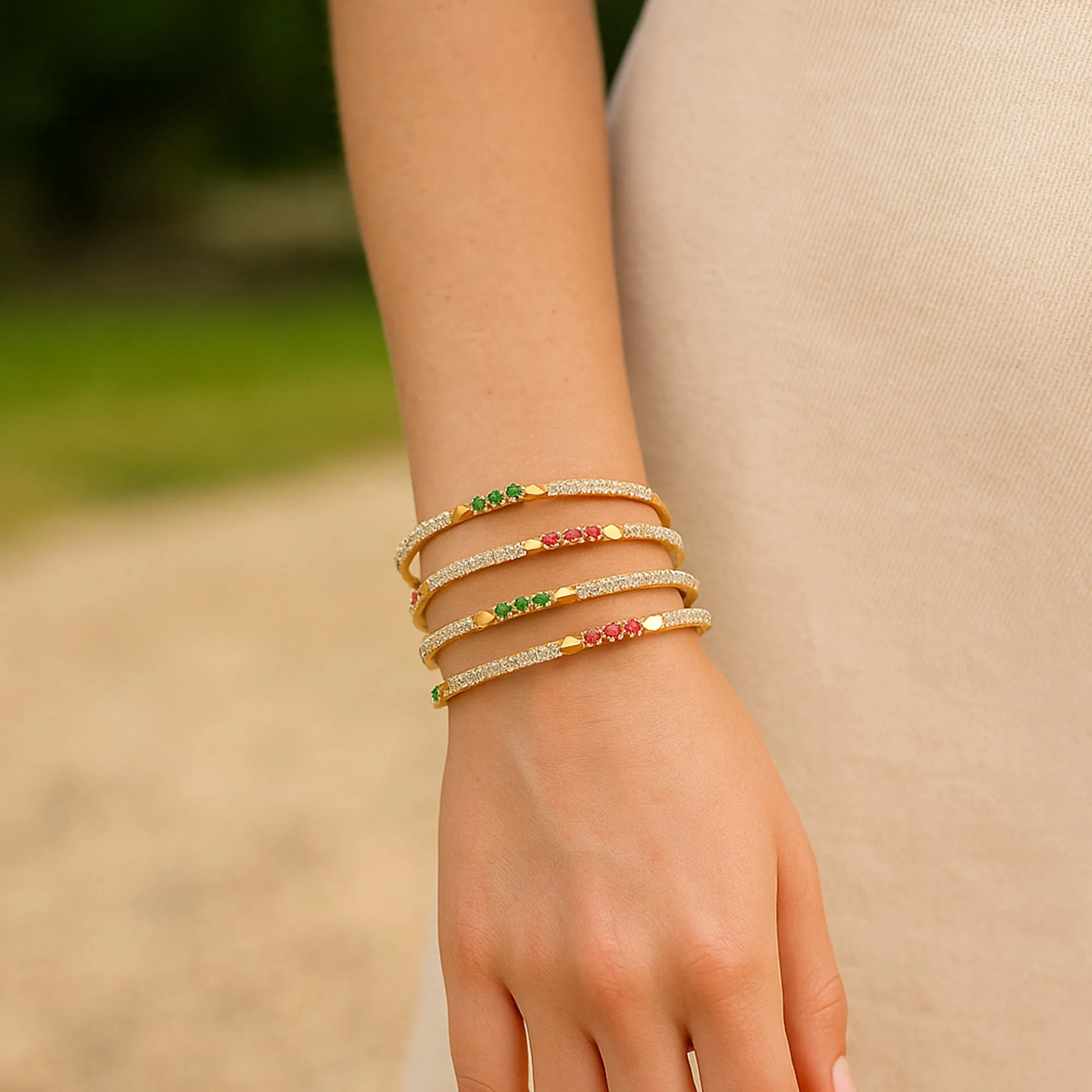 Estele Gold Polish CZ Bangles for Women ?C Size 2.6 ?C Set of 4 with Ruby & Green Stones ?C Ideal for Traditional Wear & Gifting ?C OSBR-VK11090-26 BANGLE