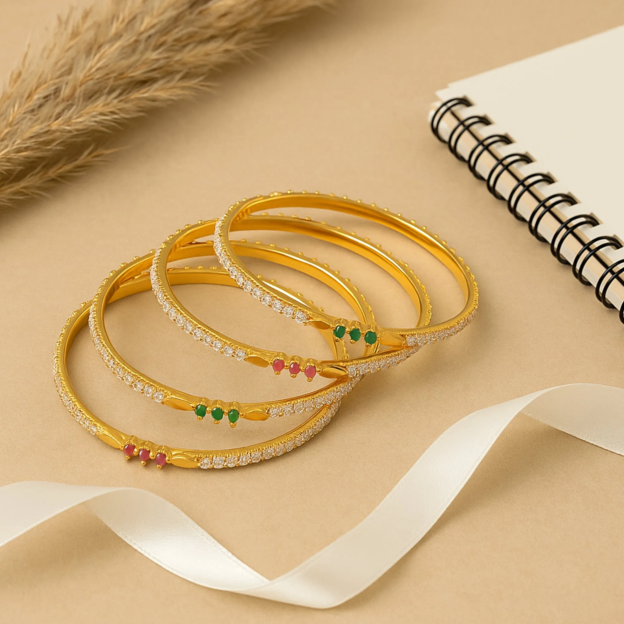 Estele Gold Polish CZ Bangles for Women ?C Size 2.6 ?C Set of 4 with Ruby & Green Stones ?C Ideal for Traditional Wear & Gifting ?C OSBR-VK11090-26 BANGLE