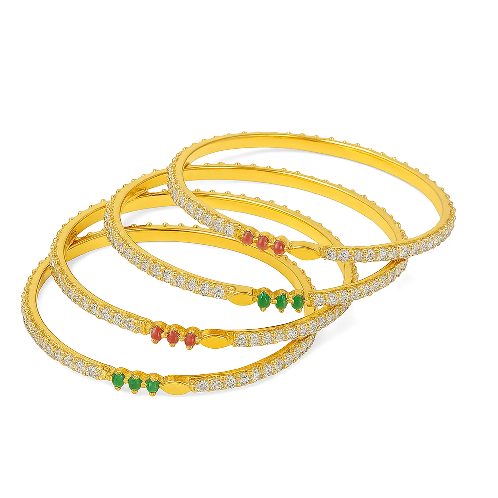 Estele Gold Polish CZ Bangles for Women ?C Size 2.6 ?C Set of 4 with Ruby & Green Stones ?C Ideal for Traditional Wear & Gifting ?C OSBR-VK11090-26 BANGLE