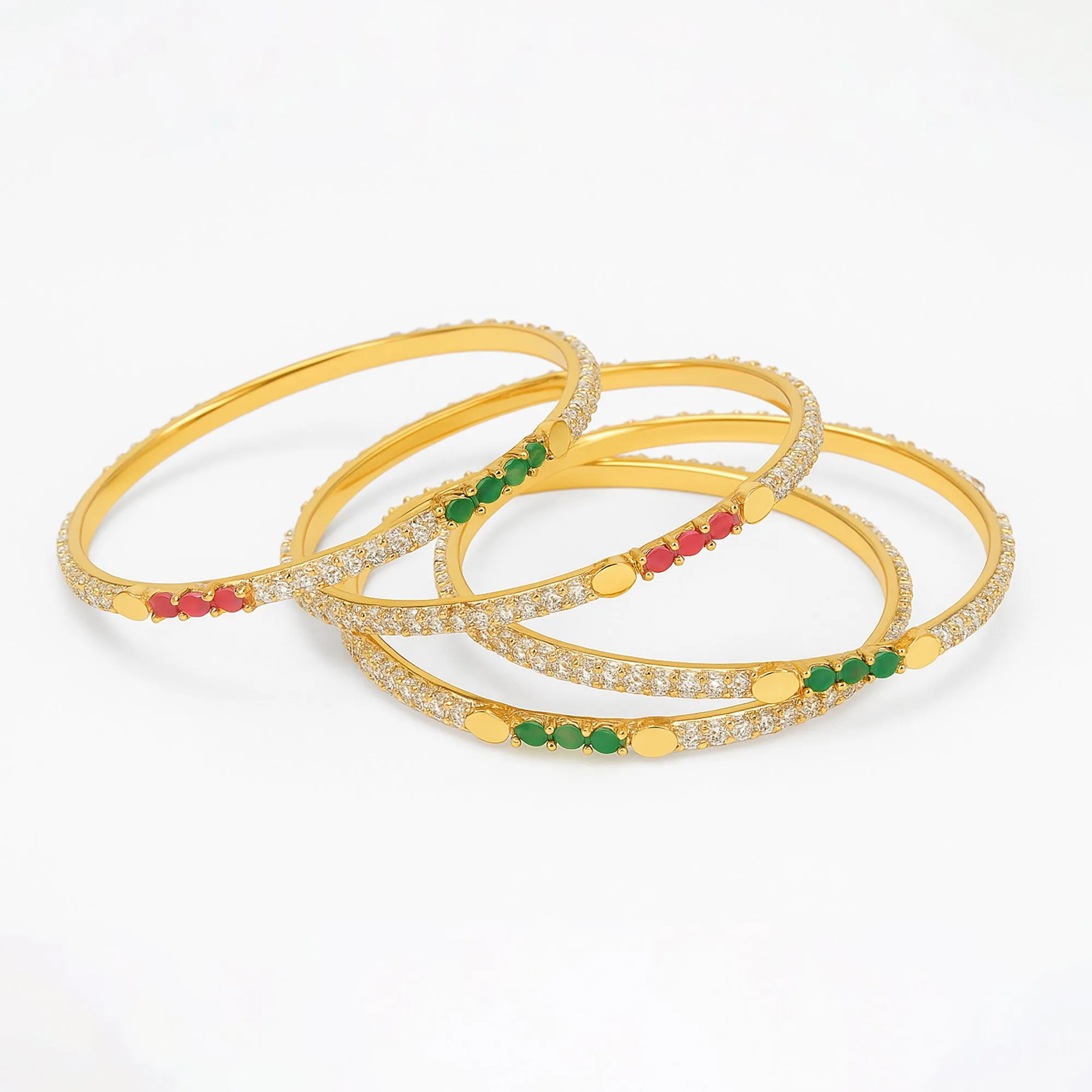 Estele Gold Polish CZ Bangles for Women ?C Size 2.6 ?C Set of 4 with Ruby & Green Stones ?C Ideal for Traditional Wear & Gifting ?C OSBR-VK11090-26 BANGLE