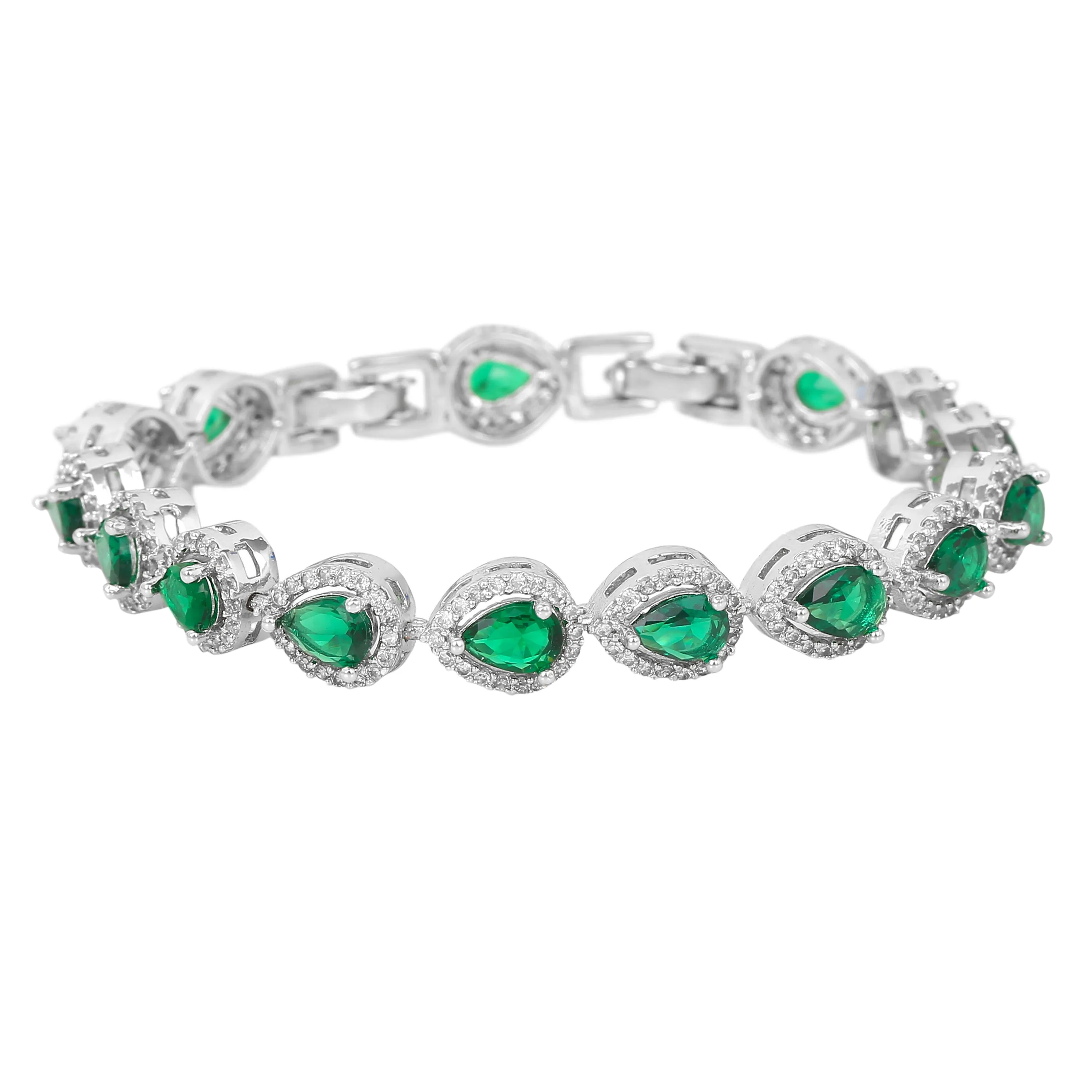 Estele Rhodium Plated CZ Classic Drop Designer Bracelet with Green Stones for Women